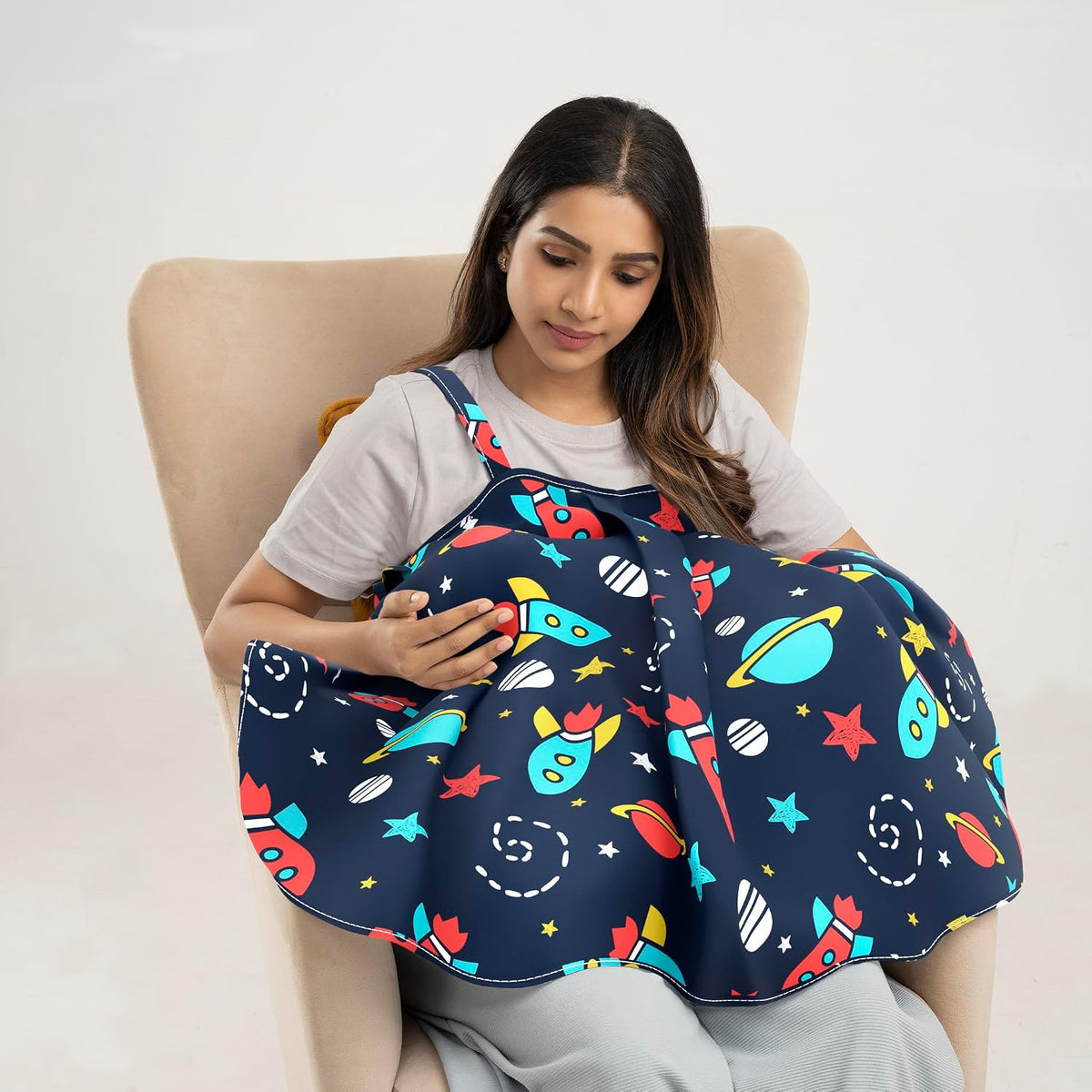 Nursing Pillow With Cape For Breastfeeding & Baby Care, Feeding Pillow - Black | 100% Cotton Removable Cover | Super Soft & Machine Washable, Spaceship Printed, Comfortable Pillow