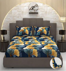 Elastic Fitted Double Bedsheets For King Size With 2 Pillow Covers - 72 X 78 X 10 Inches, Dark Blue | Premium Heavy Cotton All Around Elastic Fitted | Ideal For Hotel, Home, Bedroom