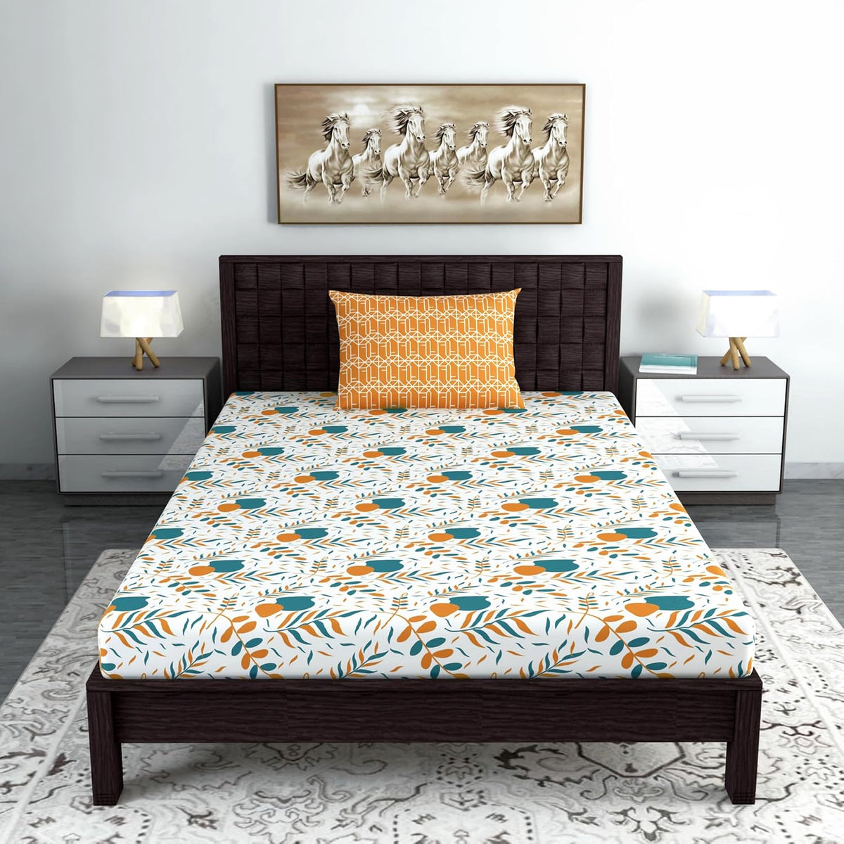 1 Single Bedsheet With 1 Pillow Cover - 57 X 87 Inches, White & Mustard | Skin Friendly Fabric For Everyday Use - Soft, Breathable & Comfortable Sleeping