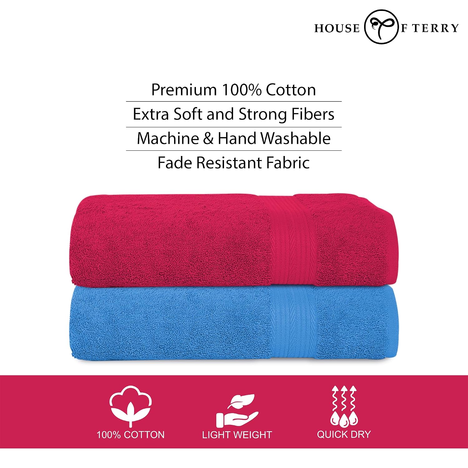 House Of Terry 100% Cotton Bath Towel 1000 Gsm | Quick Dry, Soft & Absorbent, Fade-Resistant, Skin-Friendly Large Size Towel (Paradise Pink & Blue) - Pack Of 2