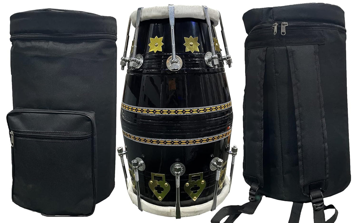 Professional Dholak With Glassy Black Finish Multi Feature Bag - Yellow Brown | Both Side Nut & Bold Fitting - Multi Feature Bag, Blat & Spinner