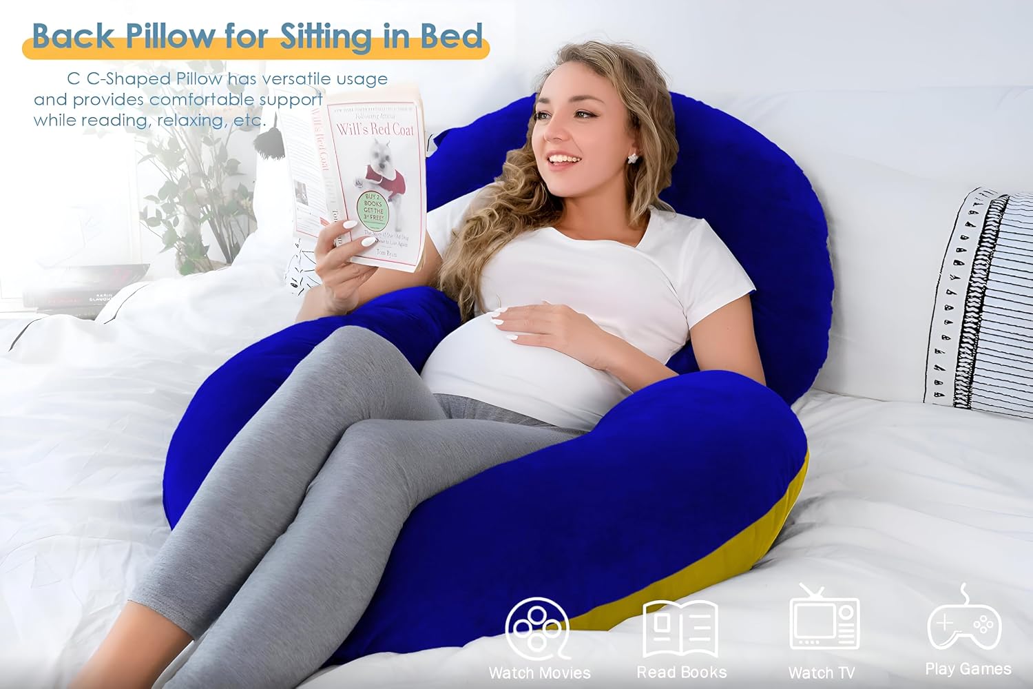 C Shaped Pillow, Pregnancy Pillow For Maternity & Baby Nursing - Gold & Royal Blue | Pregnant Women Stomach, Spine, Neck Support, Velvet Outer Cover With Zip, Adjustable, Multipurpose Use