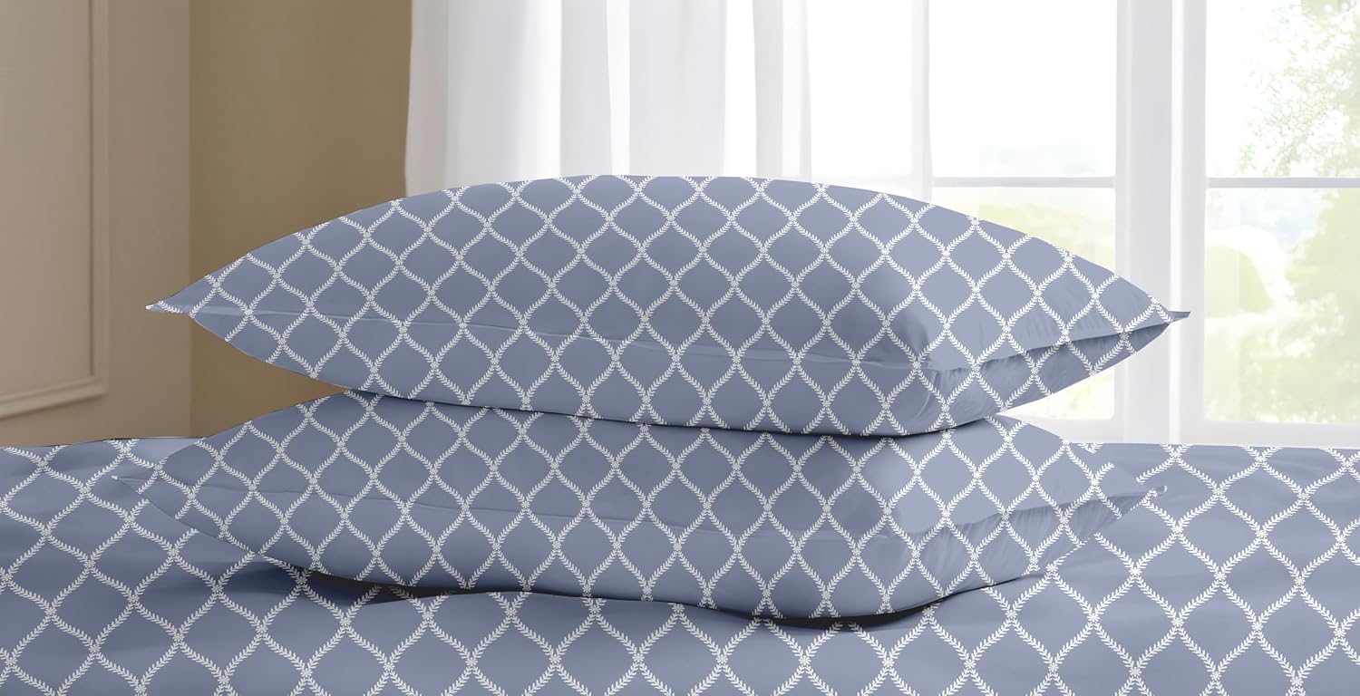 King Size Fitted Bedsheet With 2 Large Pillow Covers - 108 X 108 Inches, Grey & White | Soft, Breathable & Durable | Wrinkle Resistant