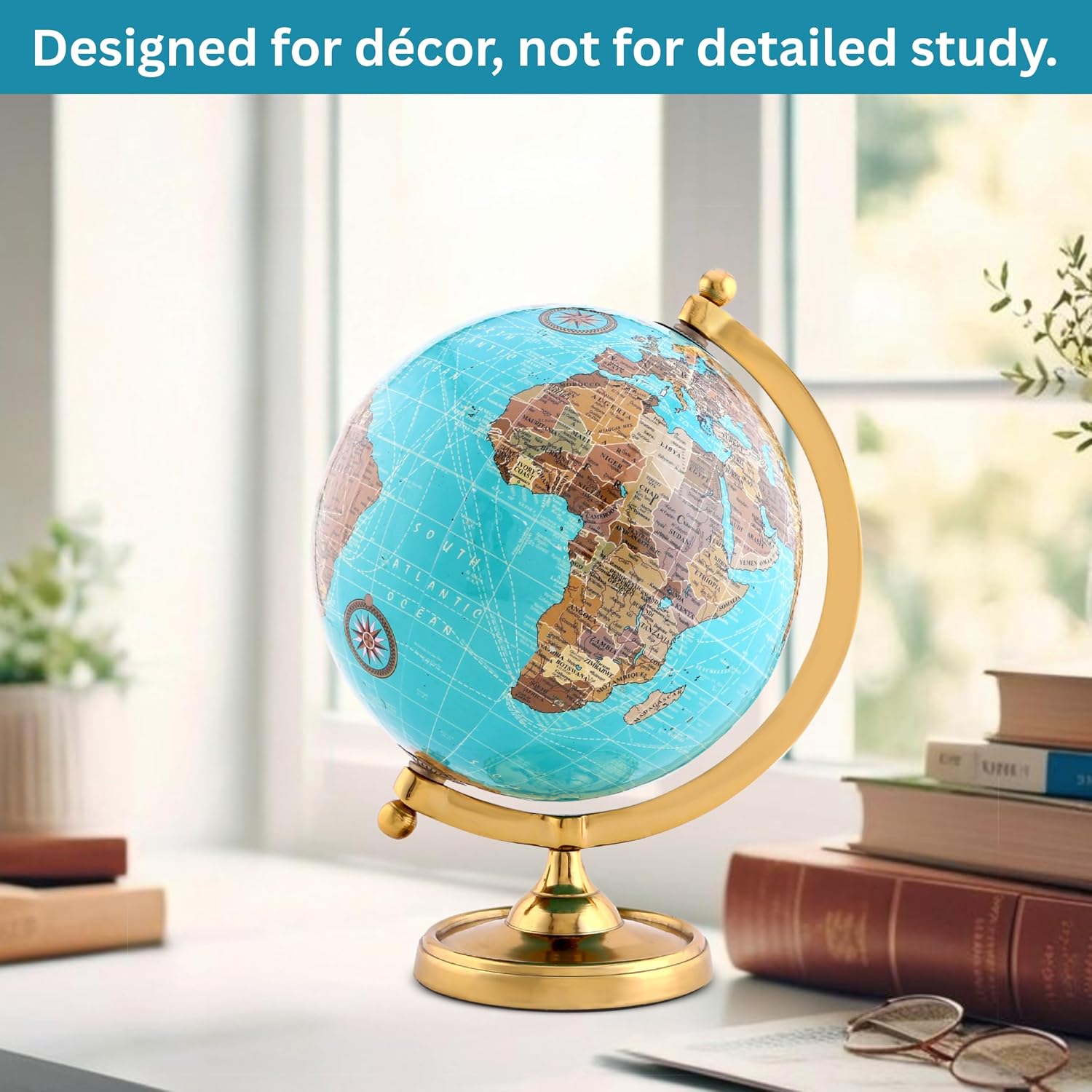 Earth Light Blue Rotating 6 Inch World Globe With Gold Stand For Bookcase Shelf Decorative Home, Desk Sturdy, Office Decor, Pack Of 1