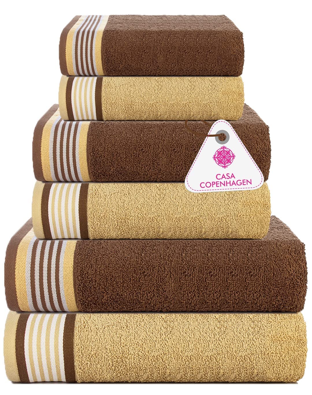 Casa Copenhagen Germany Design 2 Bath + 2 Hand & 2 Washcloths Towels 1800 Gsm | He & She Super Soft Collection 100% Cotton 6 Piece Towel Set - Brown & Beige