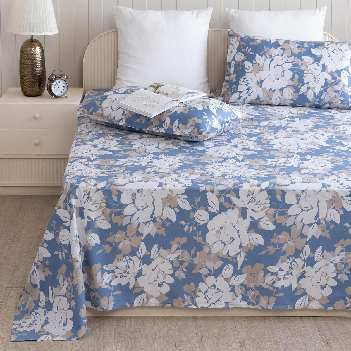 Cotton Flat Bedsheet For Queen Size Bed With Two Pillow Covers - 90 X 100 Inches, Blue & White | Practical & Durable Choice For Everyday Use Bedsheet