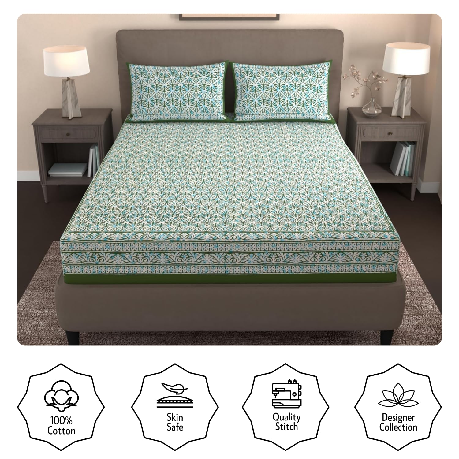 Handloom Printed Double Bedsheet For Queen Size With 2 Matching Pillow Cover | Size 90 X 100 Inches, Green - Cotton Bedsheets For Double Bed | Soft & Smooth