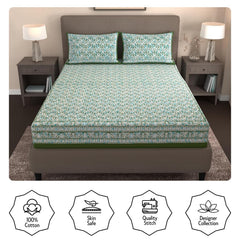 Handloom Printed Double Bedsheet For Queen Size With 2 Matching Pillow Cover | Size 90 X 100 Inches, Green - Cotton Bedsheets For Double Bed | Soft & Smooth