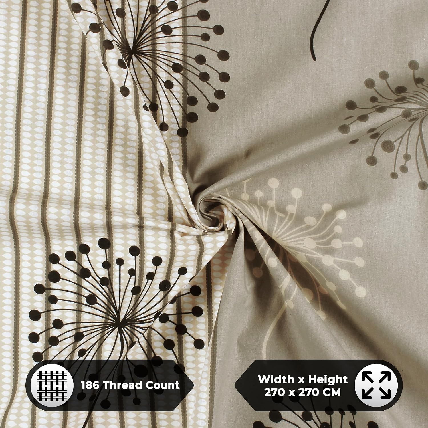 Cotton Double Bedsheet For King Size With 2 Pillow Covers - 108 X 108 Inches, Beige | Perfect For Home Decor & Gifting | 186 Thread Count