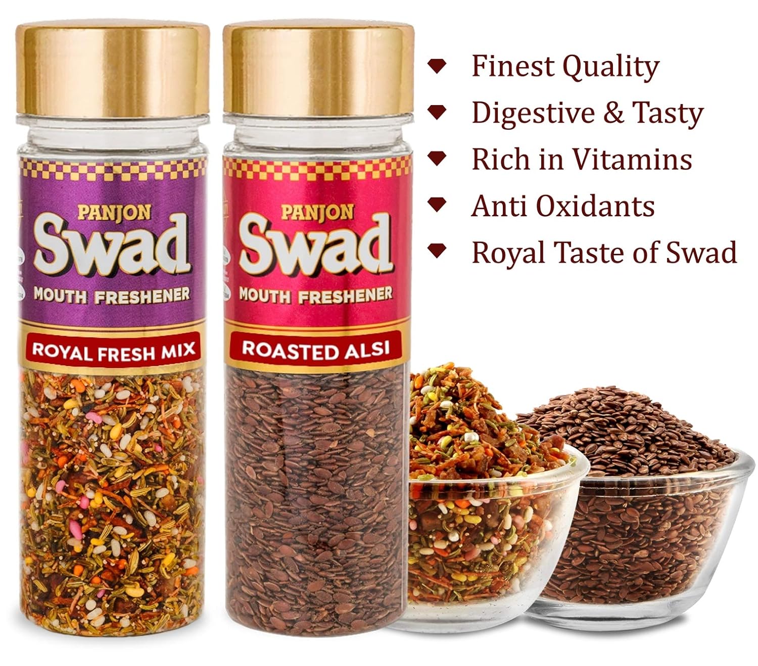 Panjon Swad Royal Fresh Mix & Roasted Alsi Mouth Fresheners 230gm, (115gm *2 Bottles)