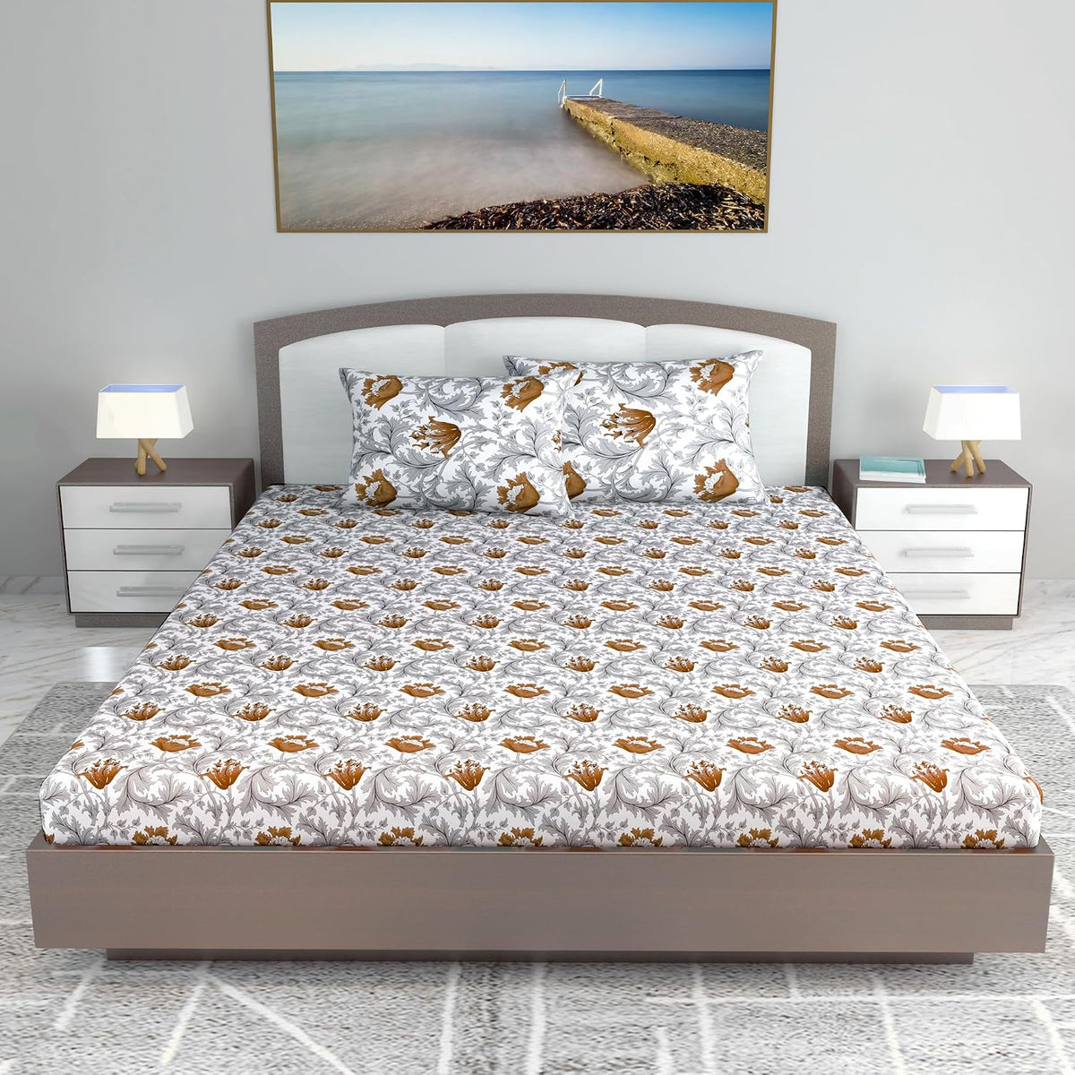 King Size Double Bedsheet With 2 Pillow Covers - 108 X 108 Inches, Grey & Brown | Ideal For Gifting Diwali, Dussehra - Soft & Smoothing Touch Bedsheet