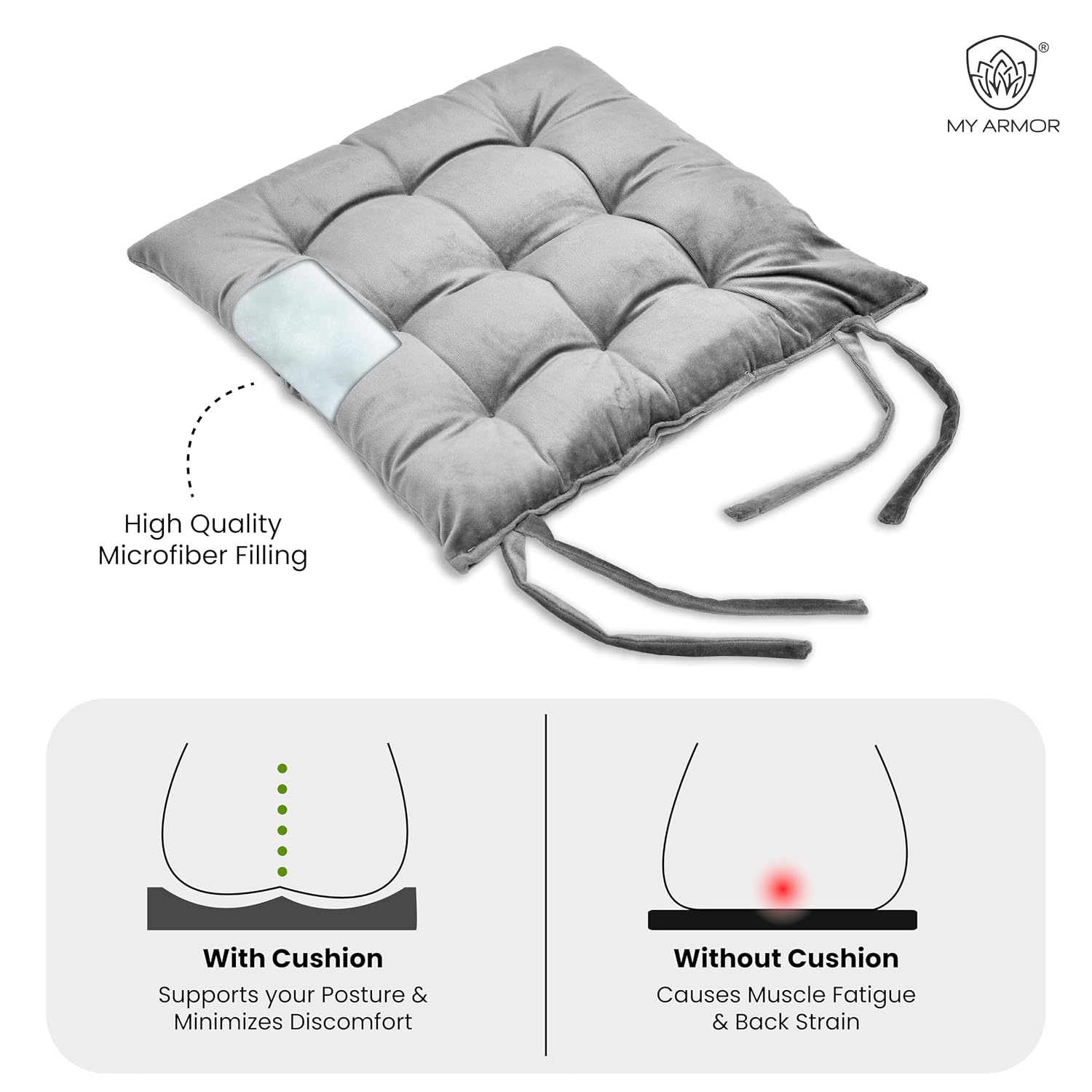 Square Chair Pads Cushion, For Comfortable Sitting, Grey Color - 40 X 40 Cm | Seat Cushions With Ties For Sitting, Pooja, Dining & Office Table | Furniture Cushion, Washable - Pack Of 2