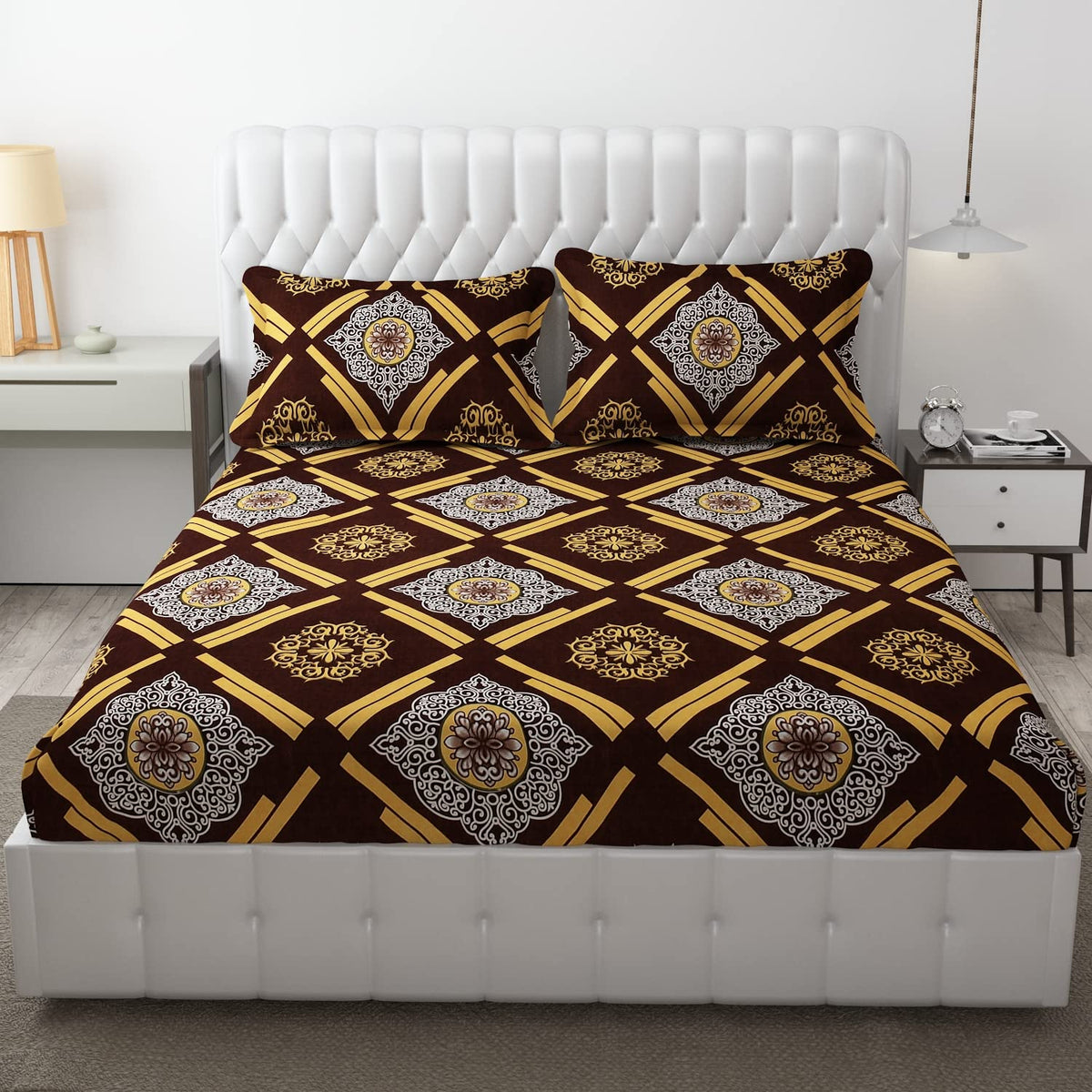 King Size Bedsheet With Two Pillow Cover (Size - 78 X 72 Inches, Dark Brown) | Elastic Fitted Floral Bedsheet | Best For Festival Gifting