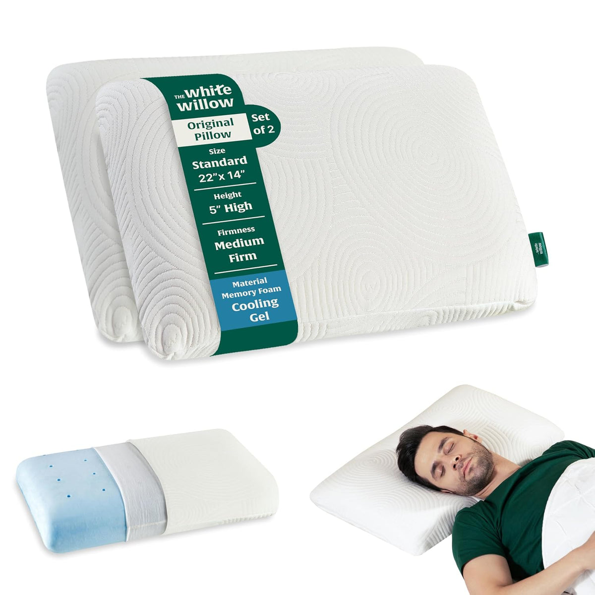 Cooling Gel Orthopedic Memory Foam Pillow, Neck & Back Support, White - Standard Size - 22 L X 14 W X 5 H Inches | Bed Pillow For Sleeping, Medium Firm, Durable - Set Of 2