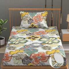 Premium Cotton Elastic Fitted 1 Single Bedsheets With 1 Large Pillow Covers | Size 36 X 78 X 6 Inches, Multicolor - Printed Big Flower | Wrinkle Free & Soft Touch Summer Bedsheet