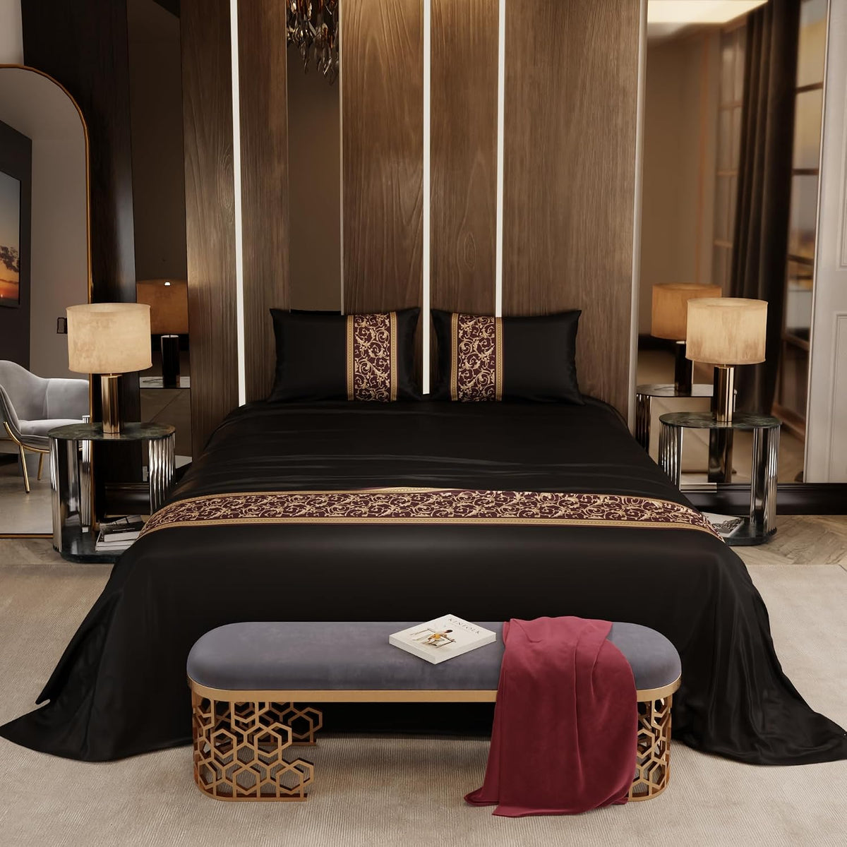 Satin Bedsheet For Double Bed With 2 Pillow Covers - 90 X 100 Inches, Black & Gold | Premium Bedding Set & Wedding Gift For Couples