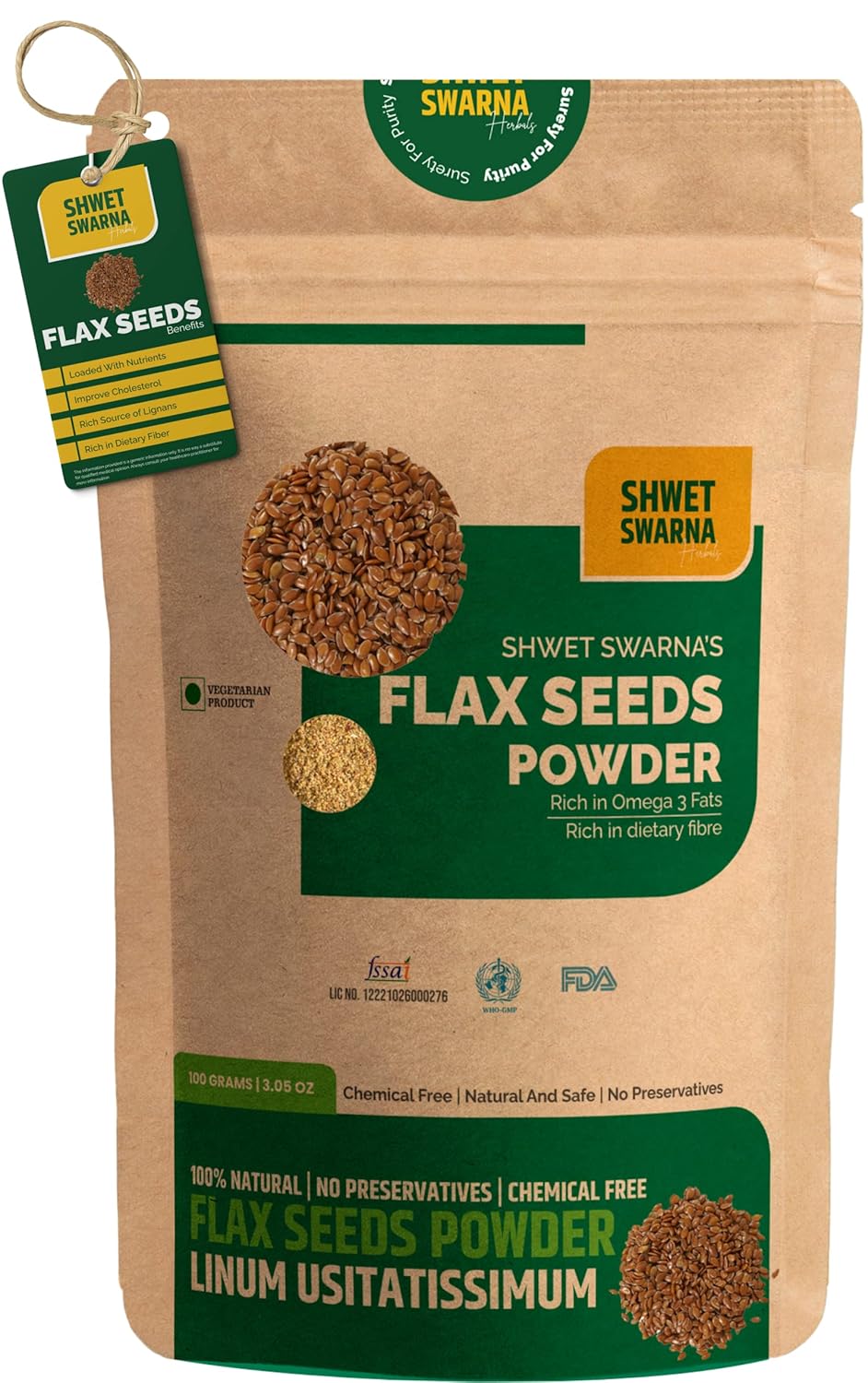 Shwet Swarna Pure Natural Flax Seeds Alsi Herbal Ayurvedic Health Supplement Product, 100% Vegetarian, Natural & Chemical Free | 100gm 0.2lbs