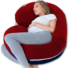 C Shaped Pillow, Pregnancy Pillow For Maternity & Baby Nursing - Dark Blue & Maroon | Pregnant Women Stomach, Spine, Neck Support, Velvet Outer Cover With Zip, Adjustable, Full Body Pillow
