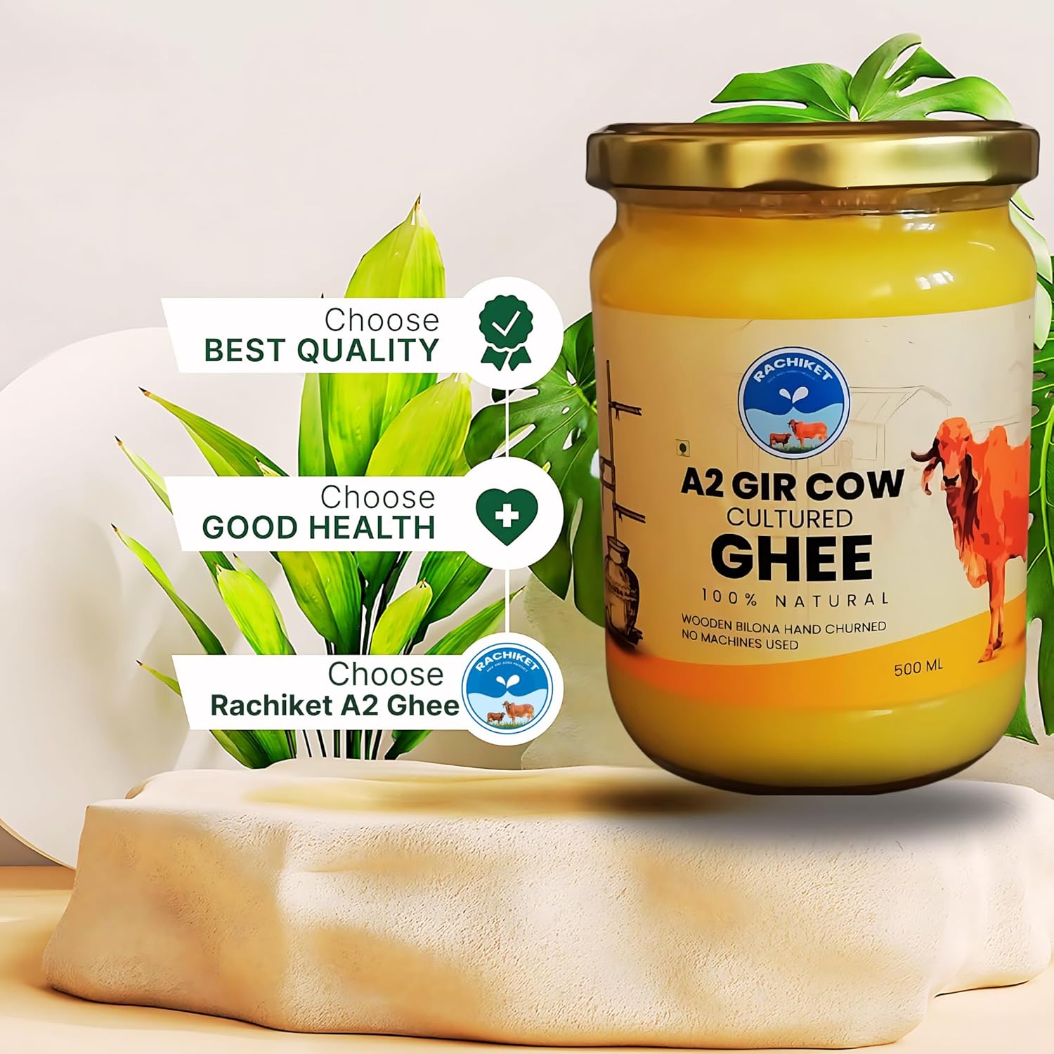 Premium Natural A2 Gir Cow Ghee By Rachiket | Rich In Nutrients & Healthy Fats Bilona Cow Ghee Good For Digestive Health | (500ml) 16.9 Ounce | Jar Pack
