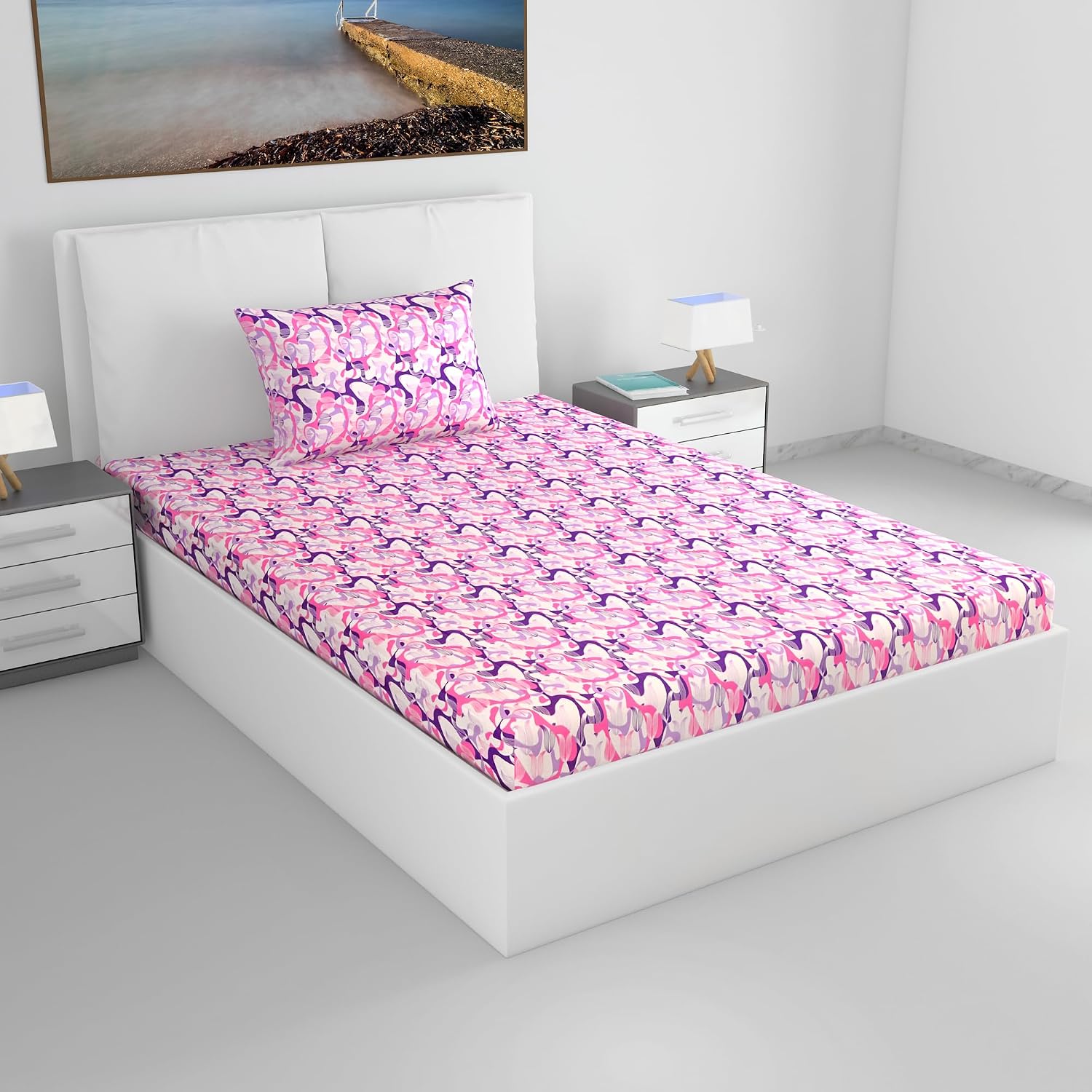 1 Single Bedsheet With 1 Pillow Cover - 57 X 87 Inches, Multicolor | 144 Thread Count Lightweight, Soft, Skin Friendly - Everyday Use Cotton Bedsheet