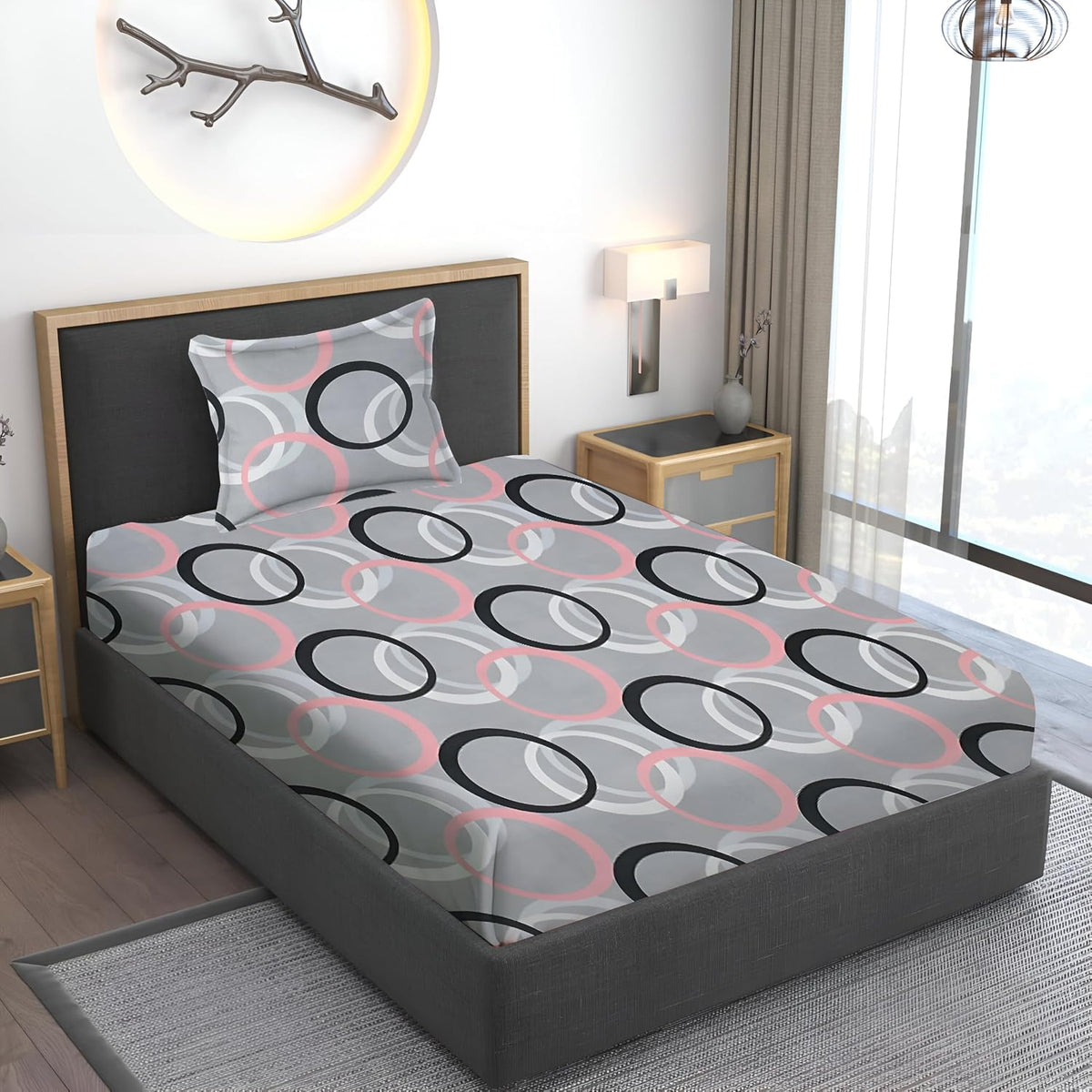 Printed Single Bedsheet Size With 1 Pillow Cover - 60 X 90 Inches, Grey & Black | Cotton Wrinkle Free Soft, Breathable | Durable & Long-Lasting