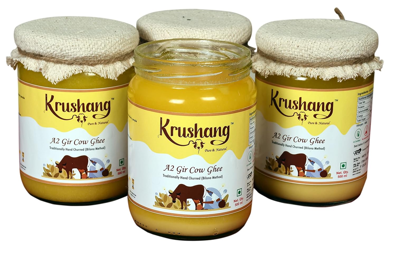 Natural A2 Gir Cow Bilona Ghee By Krushang | Traditionally Hand Churned Bilona Method Healthy Pure Desi Ghee Helps In Bones Health | (500ml) 16.9 Ounce | Jar Pack