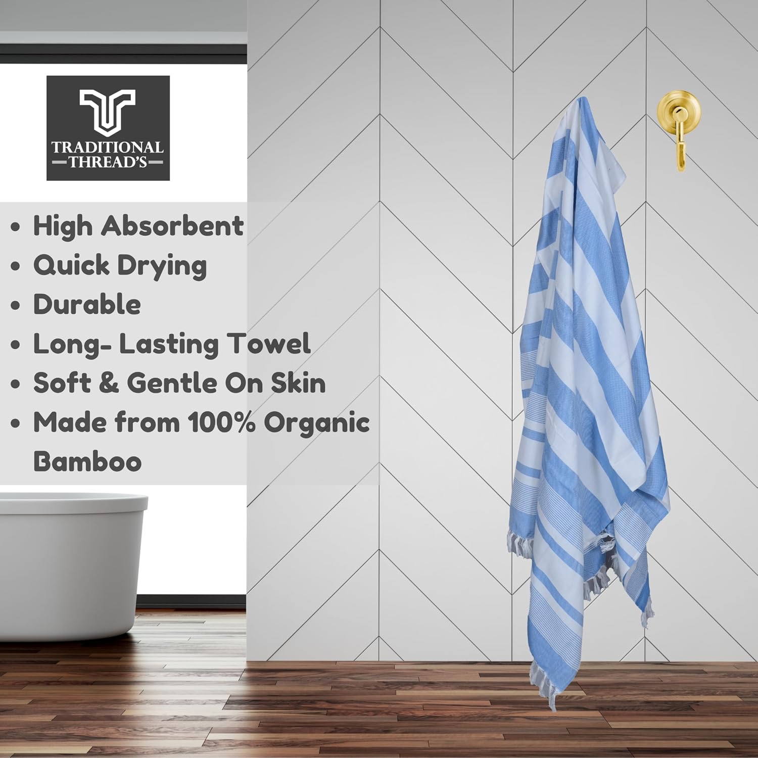 Traditional Thread'S 100% Bamboo Large Size Bath Towels 350 Gsm | Ultra Soft, Absorbent, Light Weight & Quick Dry Towel, Travel, Gym, Beach (Blue Stripes)
