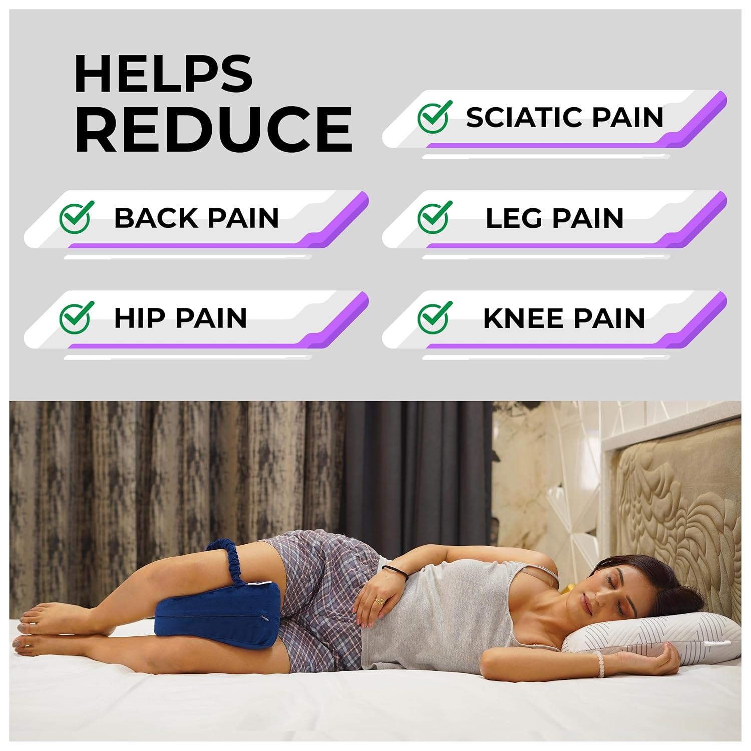 Memory Foam Knee Pillow For Sleeping, Leg Pillow For Pregnancy - Blue | For Back Pain, Side Sleepers, Sciatica & Knee Pain Relief | Knock Knee Pillow For Leg Support, Zipper Velvet Cover