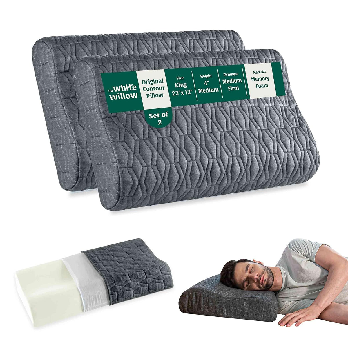 Cervical Pillow, For Neck Pain & Shoulder Pain Relief, Grey - King Size | Memory Foam Pillow For Sleeping, Orthopedic Contour Pillow For Spondylitis | Adjustable, Medical Pillow - Pack Of 2