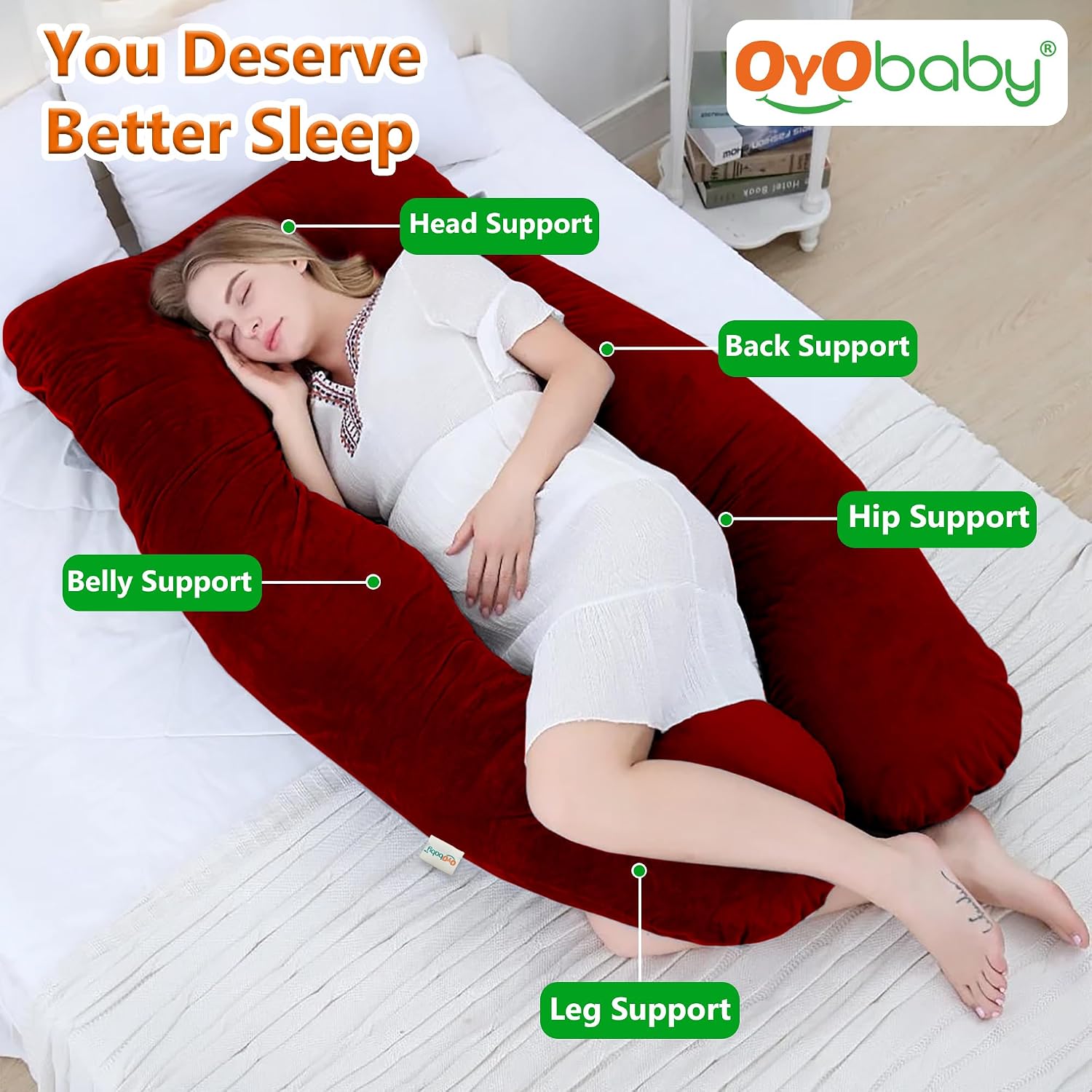 U-Shaped Pillow, Maternity Pillows For Pregnancy Sleeping, Full Body Support, Maroon | Maternity Pillow For Pregnant Women, Premium Velvet Cover, Washable, Multipurpose Pillow