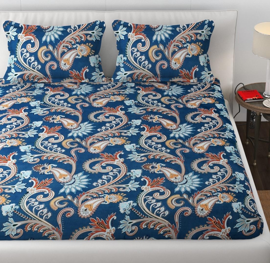 Elastic Fitted Double Bedsheets For King Size With 2 Pillow Covers - 72 X 78 X 10 Inches, Dark Blue | Premium Heavy Cotton All Around Elastic Fitted | Ideal For Hotel, Home, Bedroom