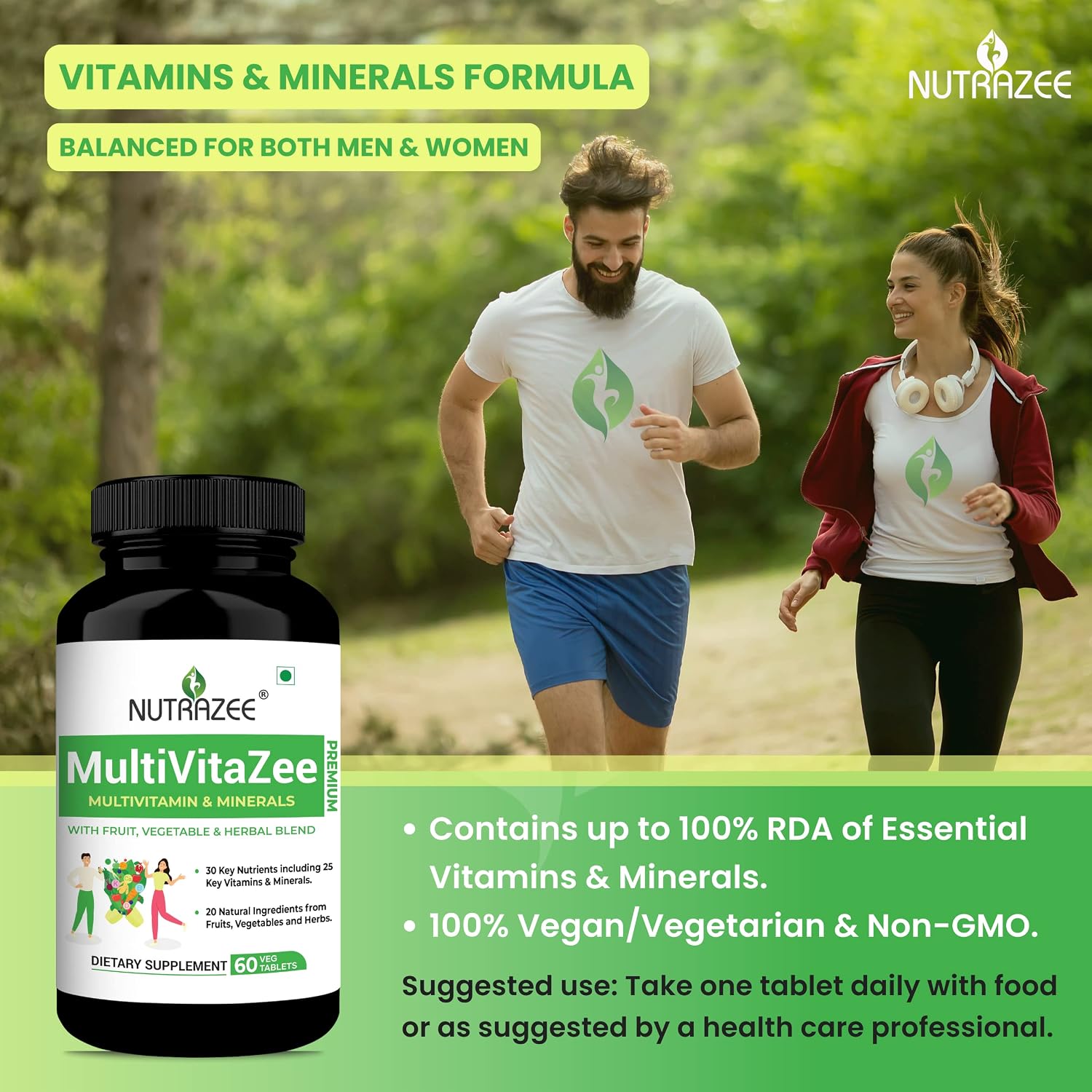 Nutrazee Multivitazee Multivitamin & Minerals Supplement For Men & Women With Superfood Natural Fruit, Vegetable & Herbal Greens | 60 Vegan Tablets , 100gm 0.2lbs