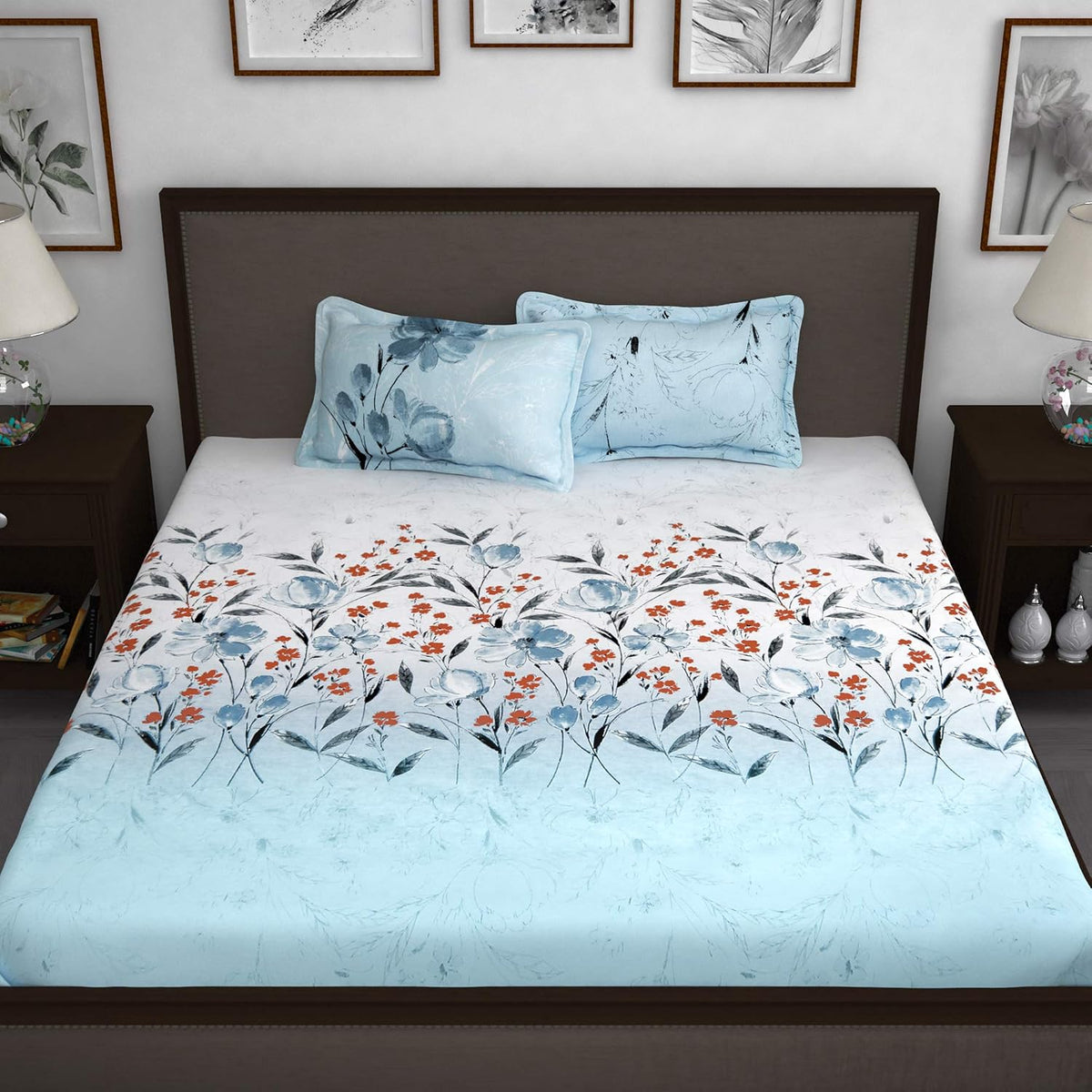 Bedsheet For King Size Bed With 2 Pillow Cover - 108 X 108 Inches, White & Sky Blue | Ideal For All Seasons - Perfect For Gifting, Weddings, Anniversary