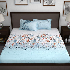 Bedsheet For King Size Bed With 2 Pillow Cover - 108 X 108 Inches, White & Sky Blue | Ideal For All Seasons - Perfect For Gifting, Weddings, Anniversary