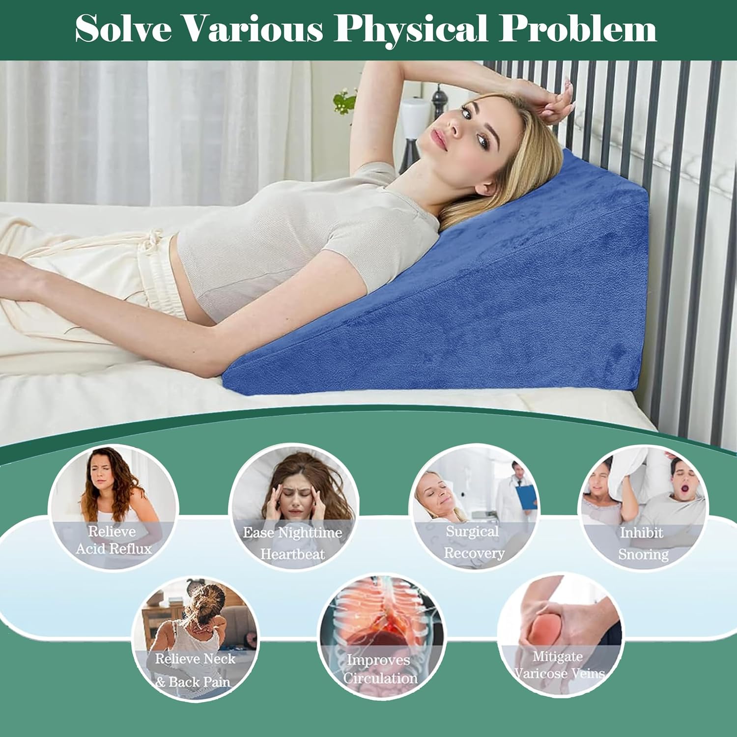 Wedge Pillow, Back Support Pillow For Neck Pain, Medium Firm, Blue Color | Pillow For Headaches, Reflux, Shoulders, Back Pain & High Resilience, Velvet Fabric, Adjustable Pillow - Pack Of 1