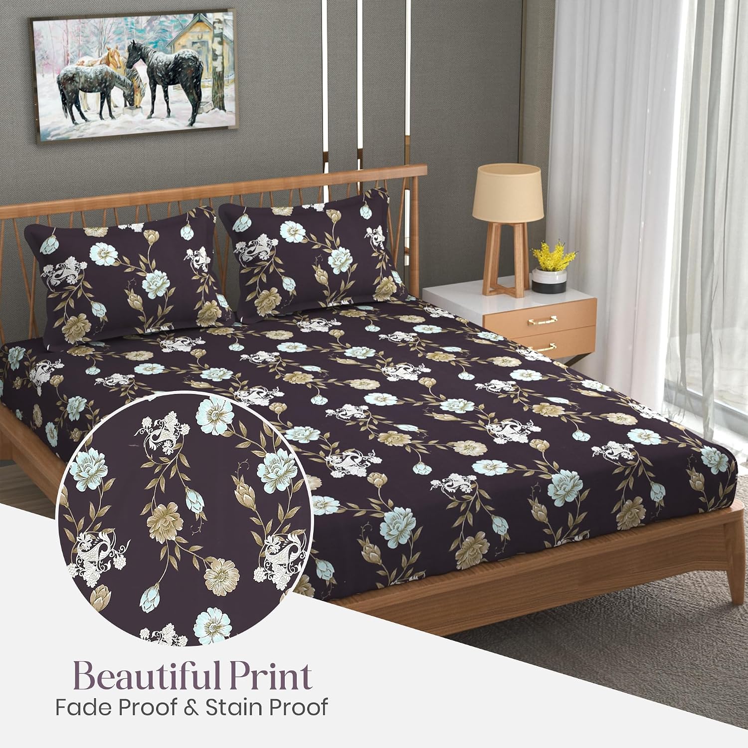 Printed King Size Bedsheet With 2 Pillow Cover - 108 X 108 Inches, Ship Grey | Double Bed Breathable & Wrinkle Free | All-Season Comfort Bedsheet