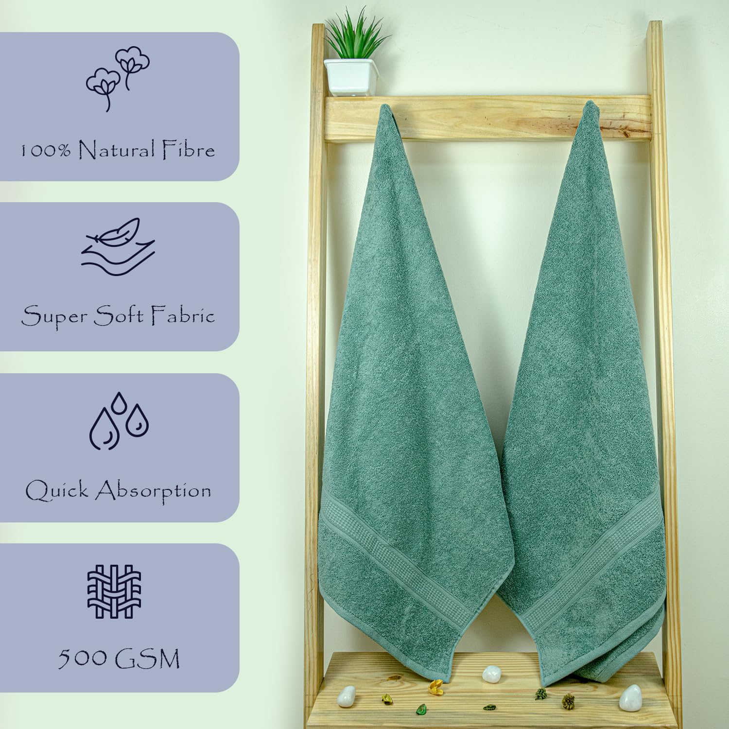 Rangoli 100% Cotton Fibre Bath Towel 1000 Gsm | Highly Durable & Super Absorbent Towel | Skin-Friendly & Quick Drying Luxury Towels (Mint Green) - Pack Of 2