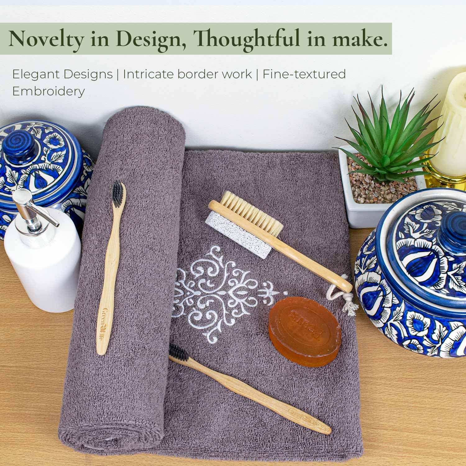 Rangoli 100% Bamboo Bath Towels 500 Gsm | Large Size Ultra Soft, Quick-Absorbent & Eco-Friendly Bath Towels - Ash Brown