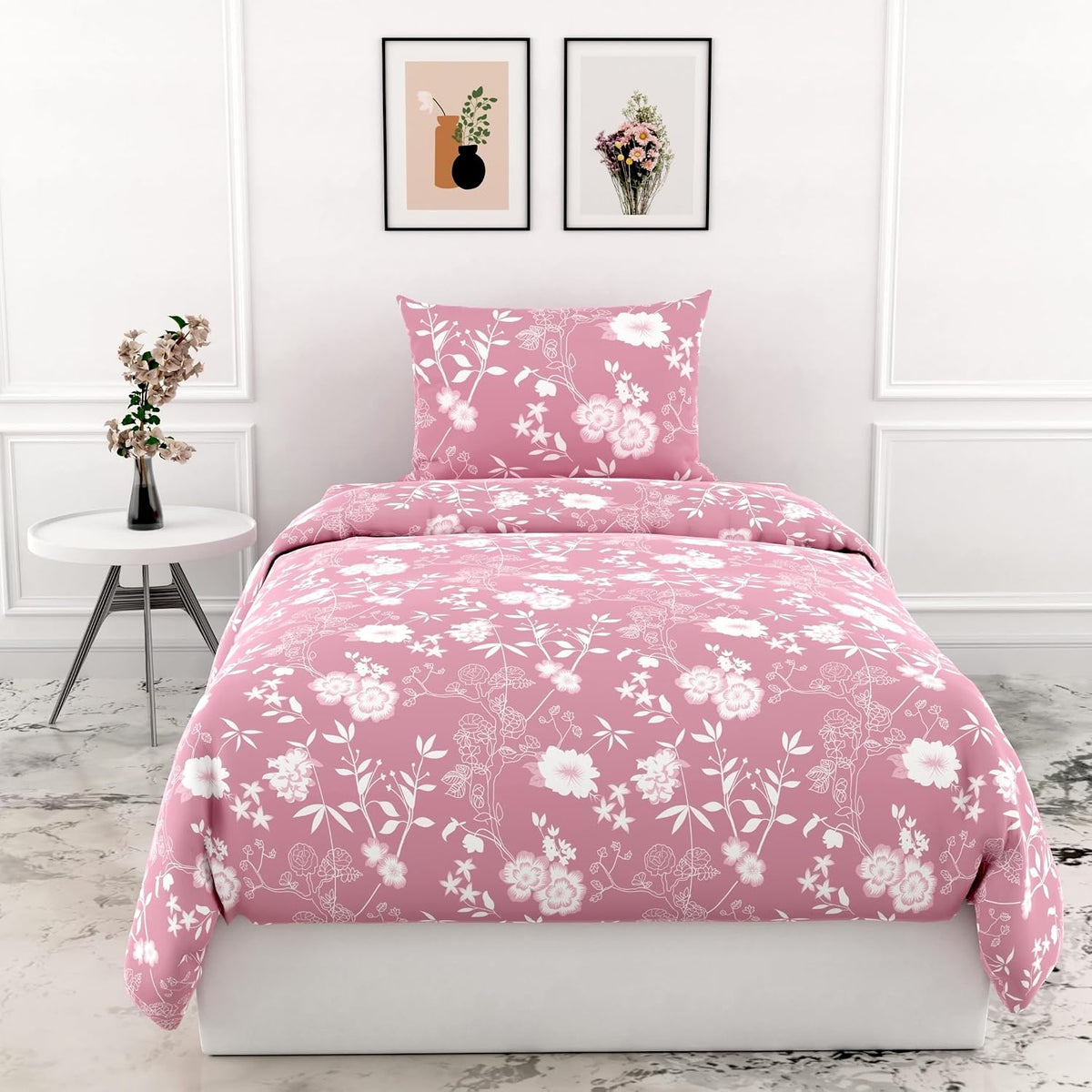 Cotton Bedsheet For Single Bed With 1 Pillow Cover - 54 X 84 Inches, Blush Pink | Soft Touch Cotton Fabric-Comfortable & Durable | Elegant Printed Bedding Set For Daily Use