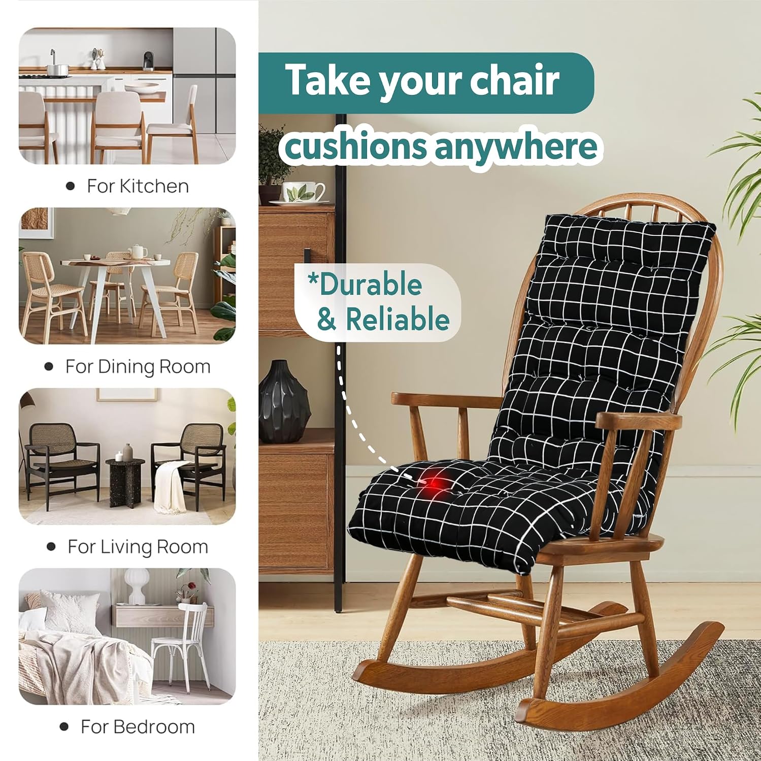 Extra Long Chair Cushion For Comfortable Sitting, Check Printed - Black - 18 X 48 Inch | Rocking Chairs For Indoor & Outdoor | Cushion For Home, Office | Back Rest Support Cushion With Ties