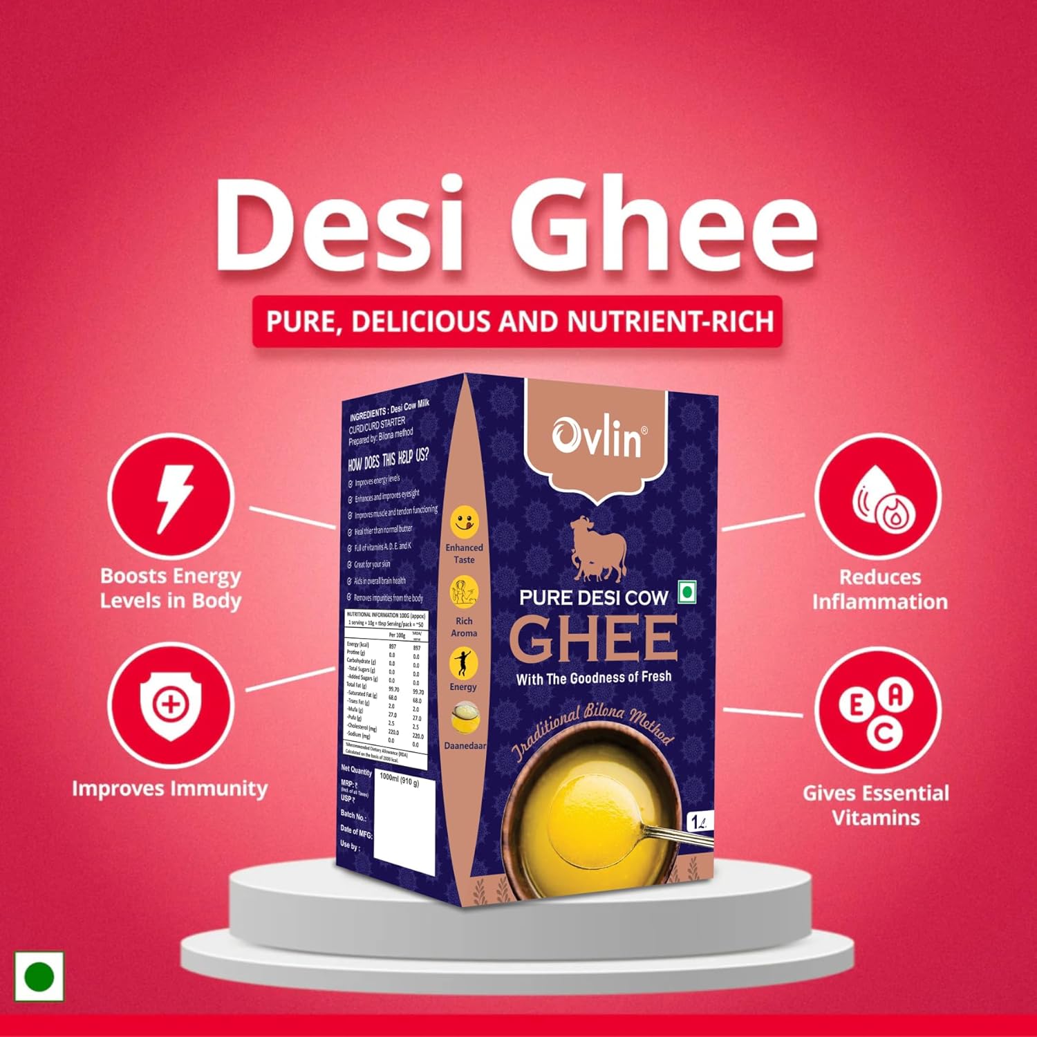 100% Pure Desi Bilona Danedar Cow Ghee By Ovlin | Good Source Of Healthy & Nutritious Desi Cow Ghee Perfect For Addition To Daily Meals | (1 Litr) 33.8 Ounce | Box Pack
