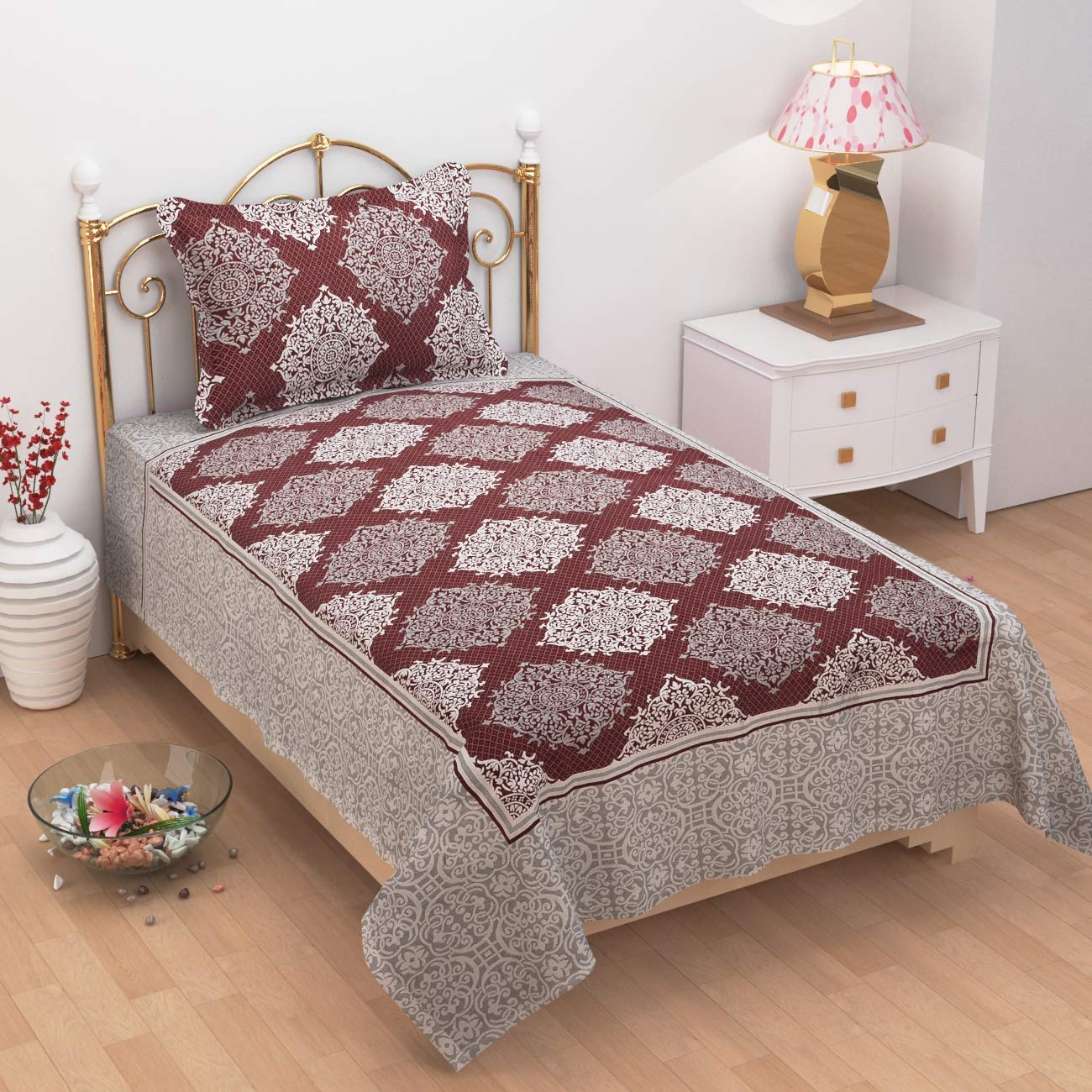 1 Single Bedsheet With 1 Large Pillow Cover - Size - 60 X 100 Inches, Maroon | Designer Printed Bedsheet Set - Naturally Soft, Breathable, & Skin Friendly