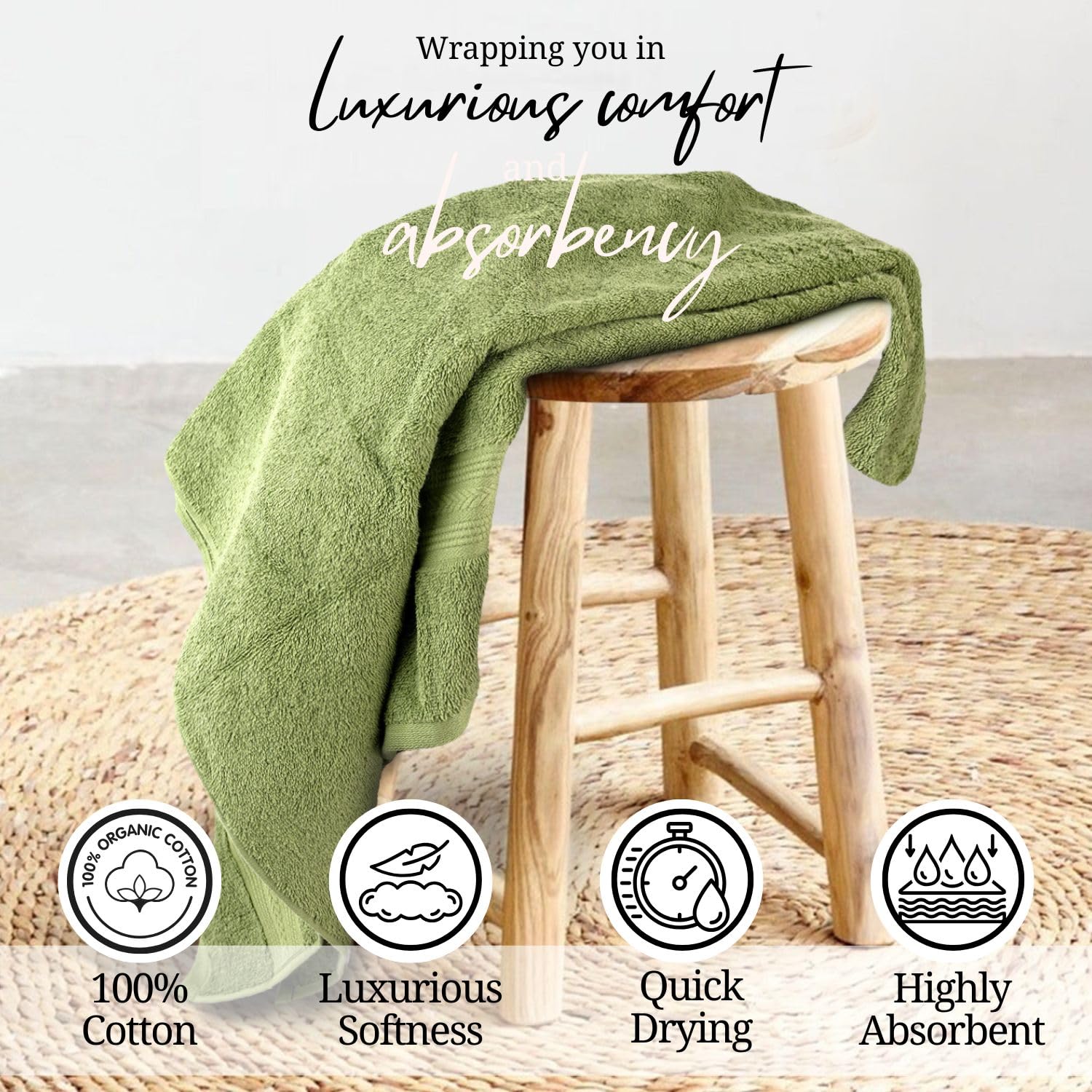 Himeya 100% Cotton Bath Towel 1400 Gsm | Bath Towel For Men & Women - Olive Green (3 Piece)