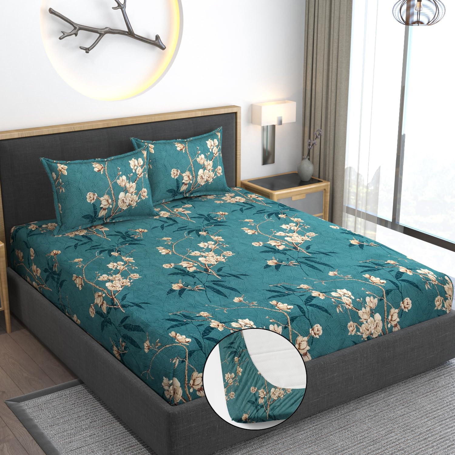 Premium Heavy Cotton Bedsheets All Around Elastic Fitted Bedsheets With 2 Pillow Covers - 78 X 72 X 10 Inches, Green Flower | Lightweight, Soft, & Comfortable