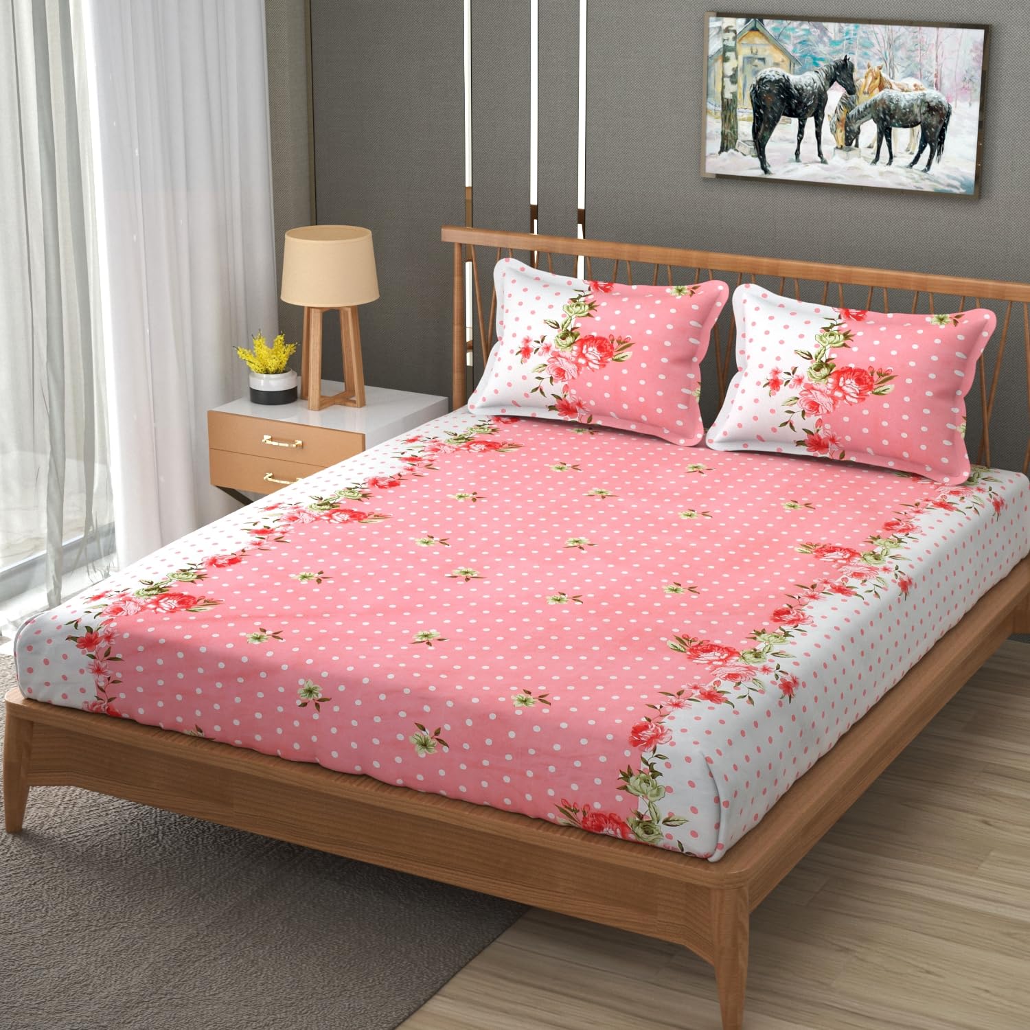 Premium Heavy Cotton Elastic Fitted King Size Bedsheet With 2 Pillow Covers - 72 X 78 X 10 Inches, Pink & White | All Weather Comfort & Bedroom