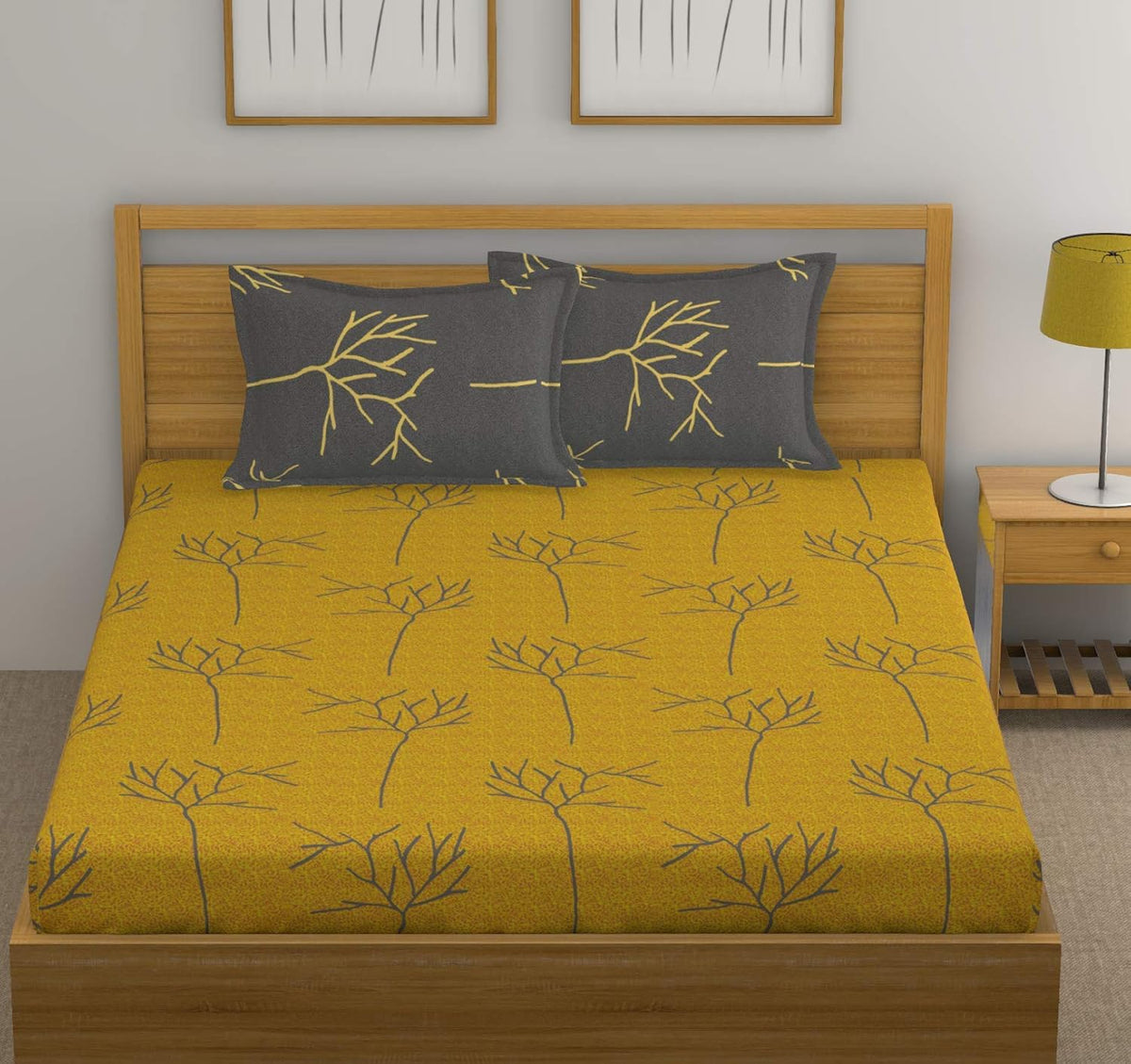 1 King Size Bedsheet With 2 Pillow Covers - 108 X 110 Inches, Yellow & Grey | Skin Friendly Fabric With Vibrant Colors | Beautiful Bedsheets