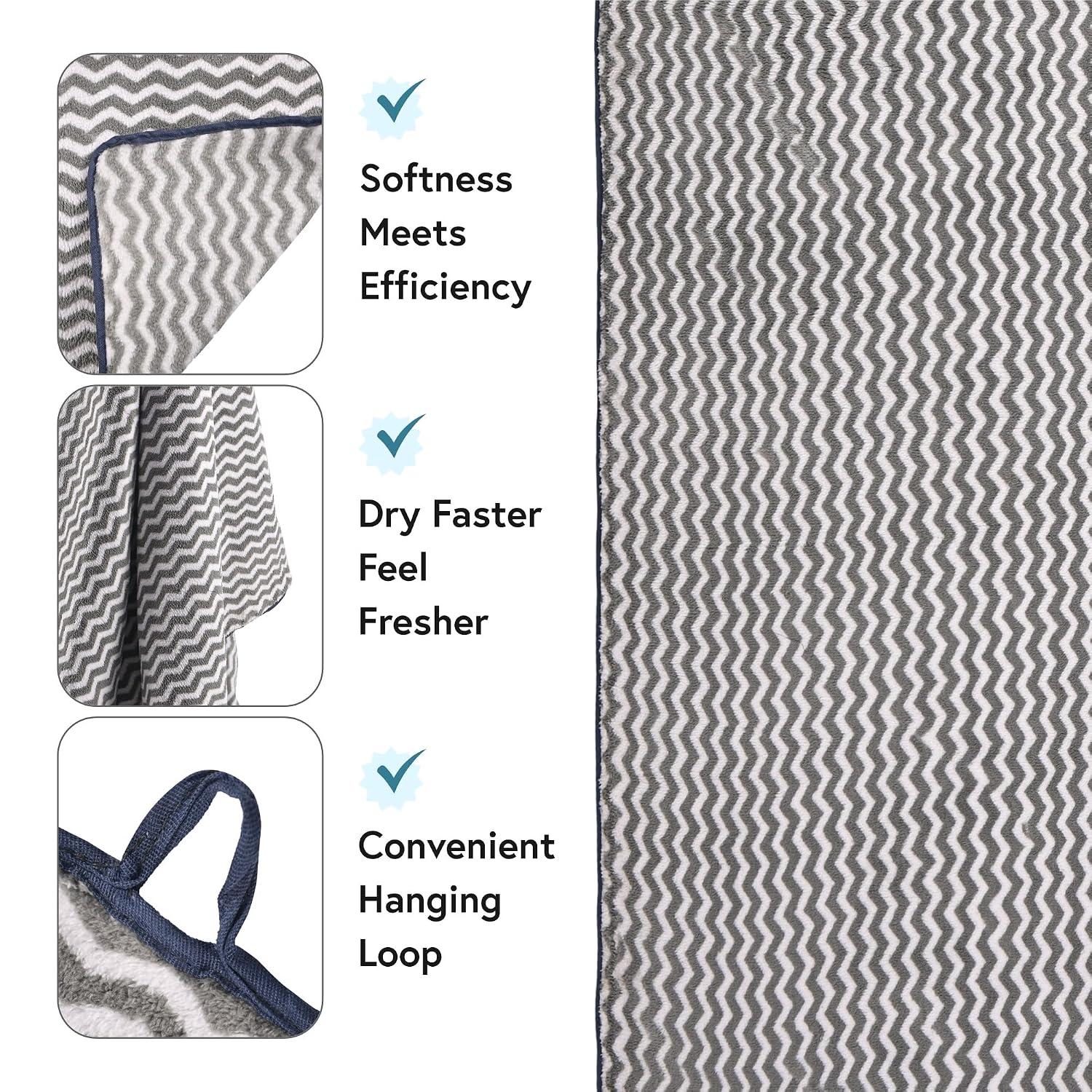 Kuber Industries Microfiber Bath Towel 1050 Gsm | Large Size Soft Quick Dry & Absorbent Shower Bath Towel (Zig Zag - Grey)- Pack Of 3