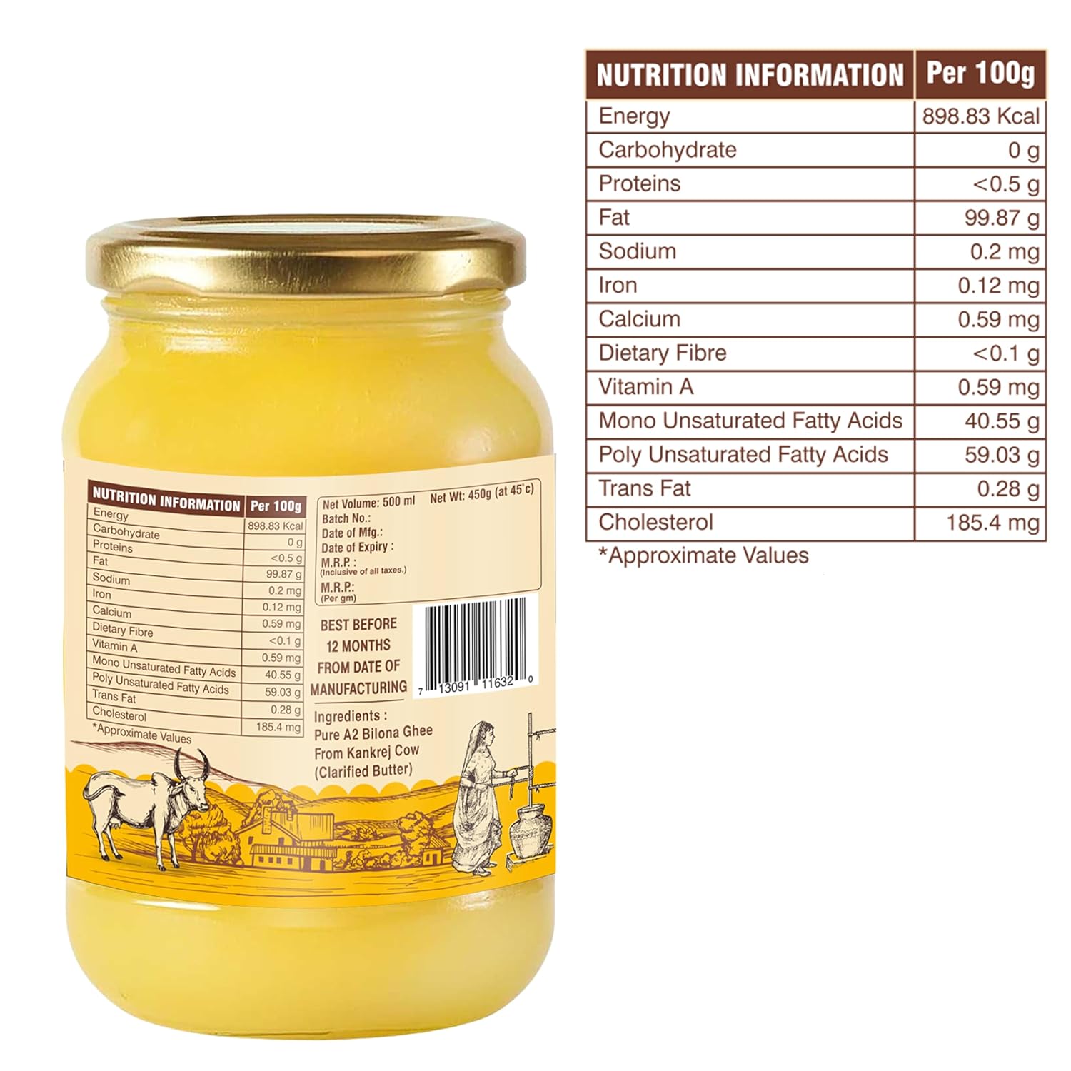 Organic A2 Kankrej Cow Ghee By Umanac | Traditional Hand Churned Bilona Method Desi Cow Ghee Good For Parathe | (500ml) 16.9 Ounce | Jar Pack
