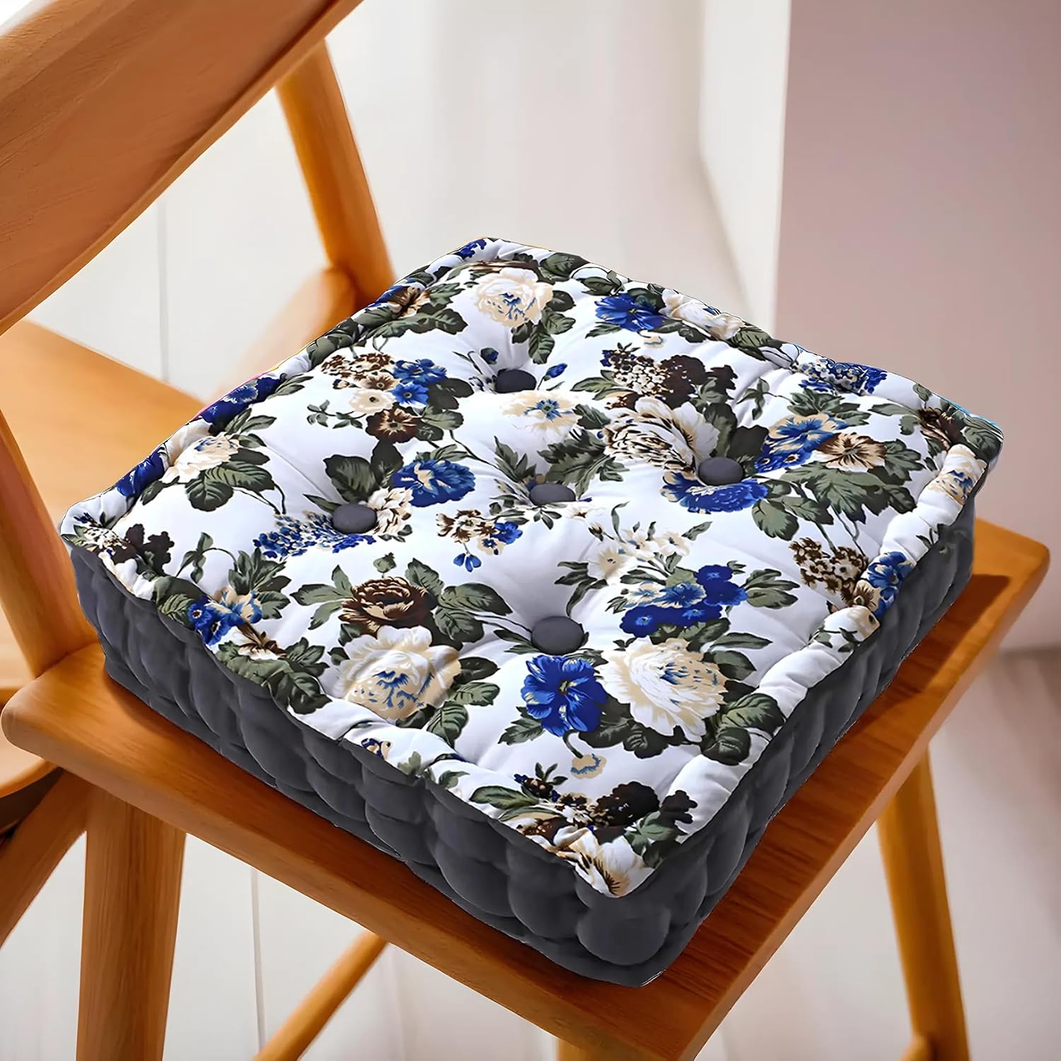 Square Chair Pad, Soft Cotton Pillow Filler For Seating, Living Room - White | Comfortable, Flower Design, Seat Cushion | For Seating Gaddi, Meditation, Yoga | Furniture Cushion, Washable
