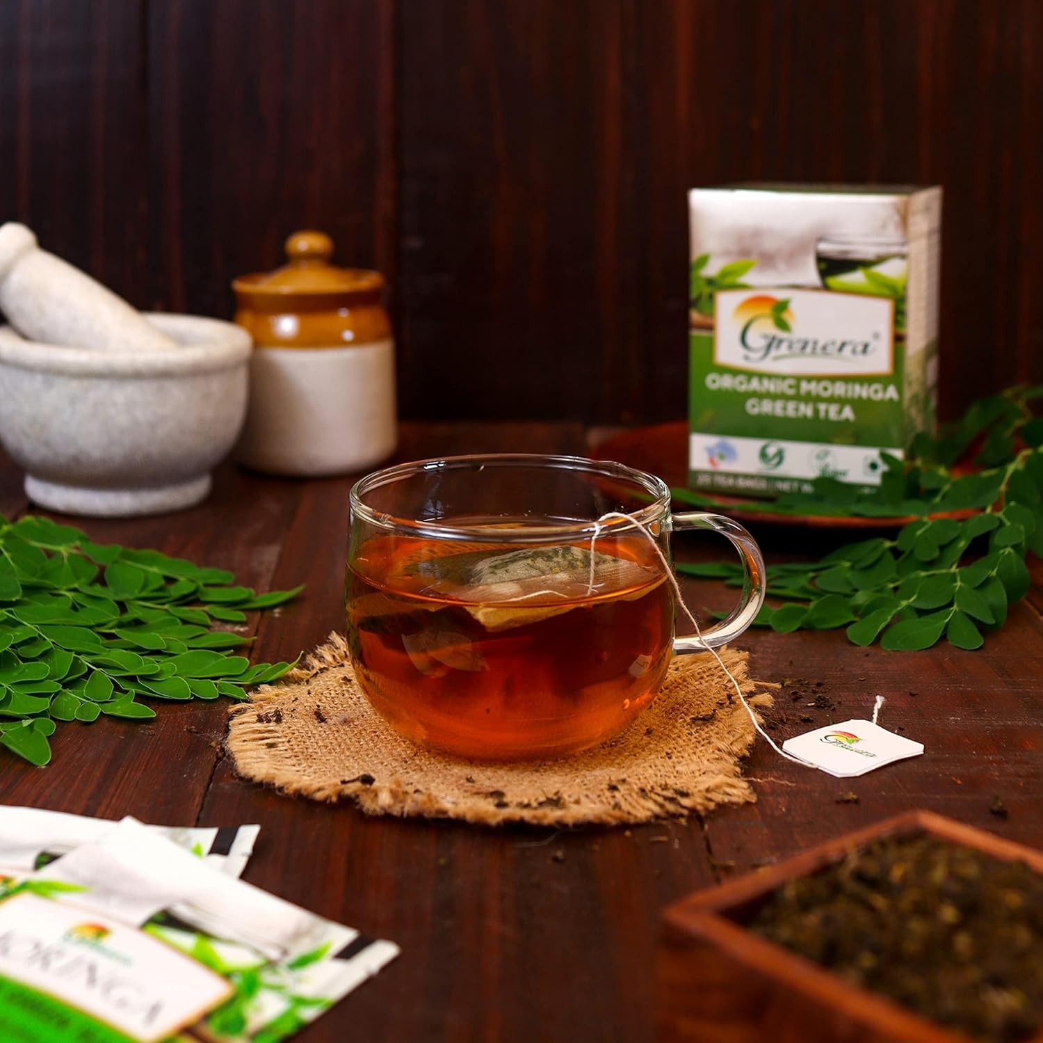 Grenera Organic Moringa Green Tea - 25 Tea Bags | Made With Moringa & Green Tea Leaf - Caffeine Free, Non-GMO, Gluten Free